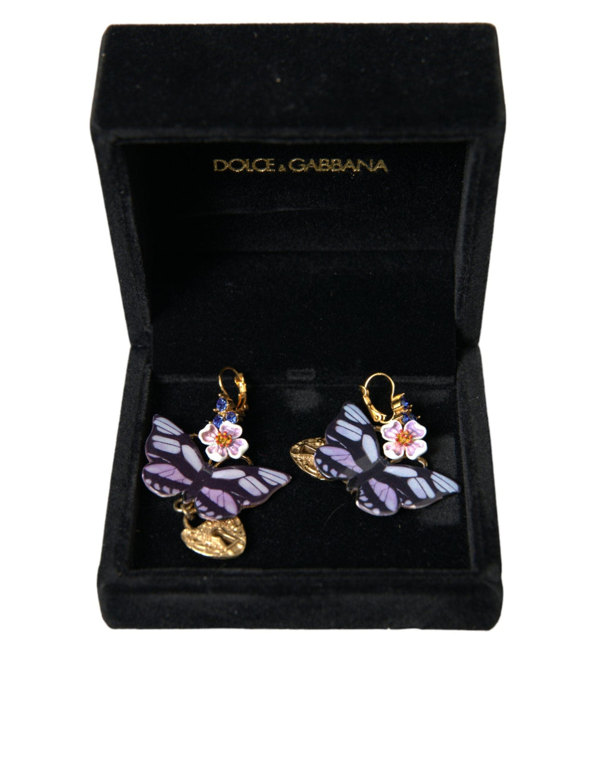 Pendientes con medallón de corazón y mariposa de cristal morado y dorado de Dolce &amp; Gabbana