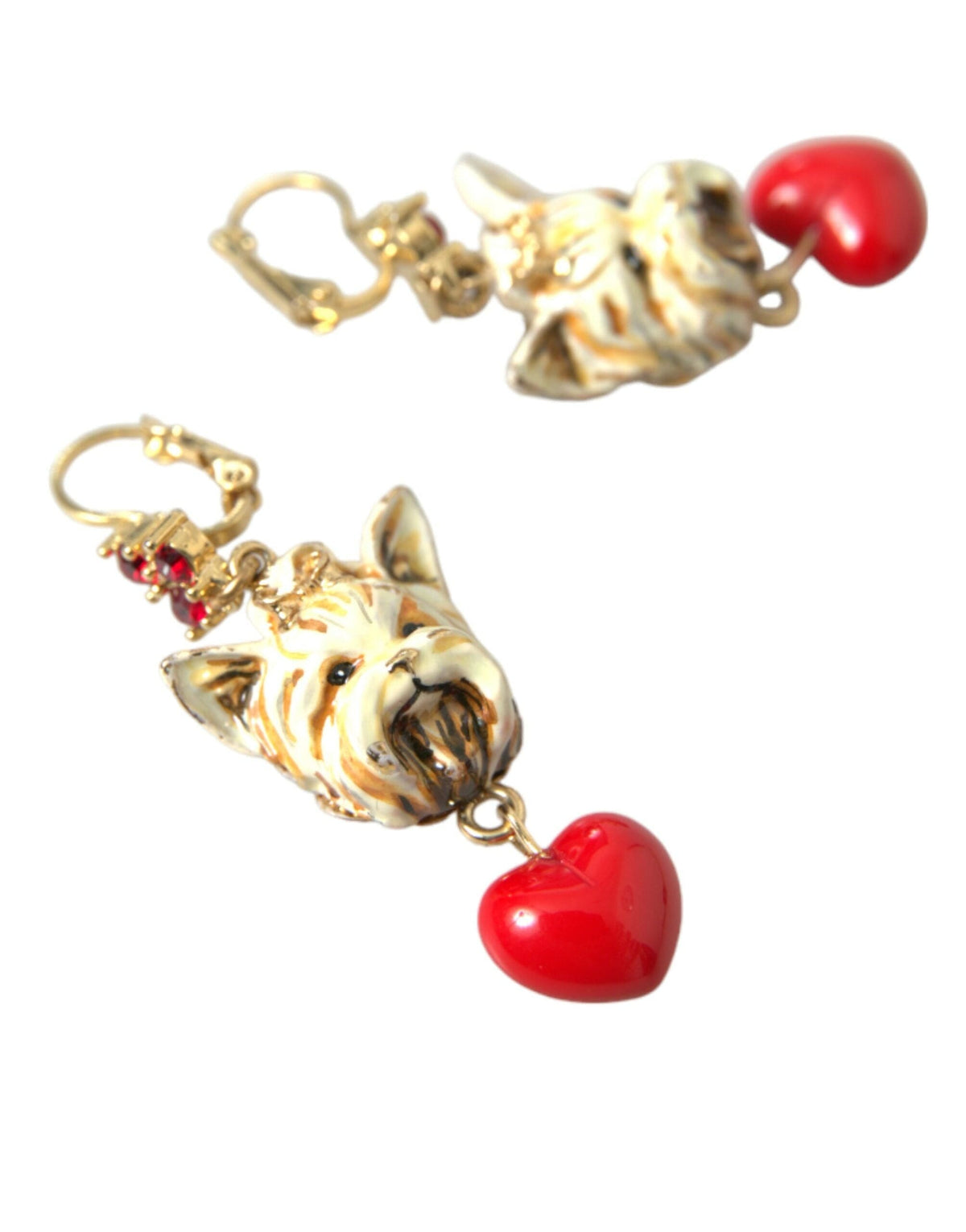 Pendientes colgantes de latón dorado con forma de perro y cristales rojos de Dolce &amp; Gabbana