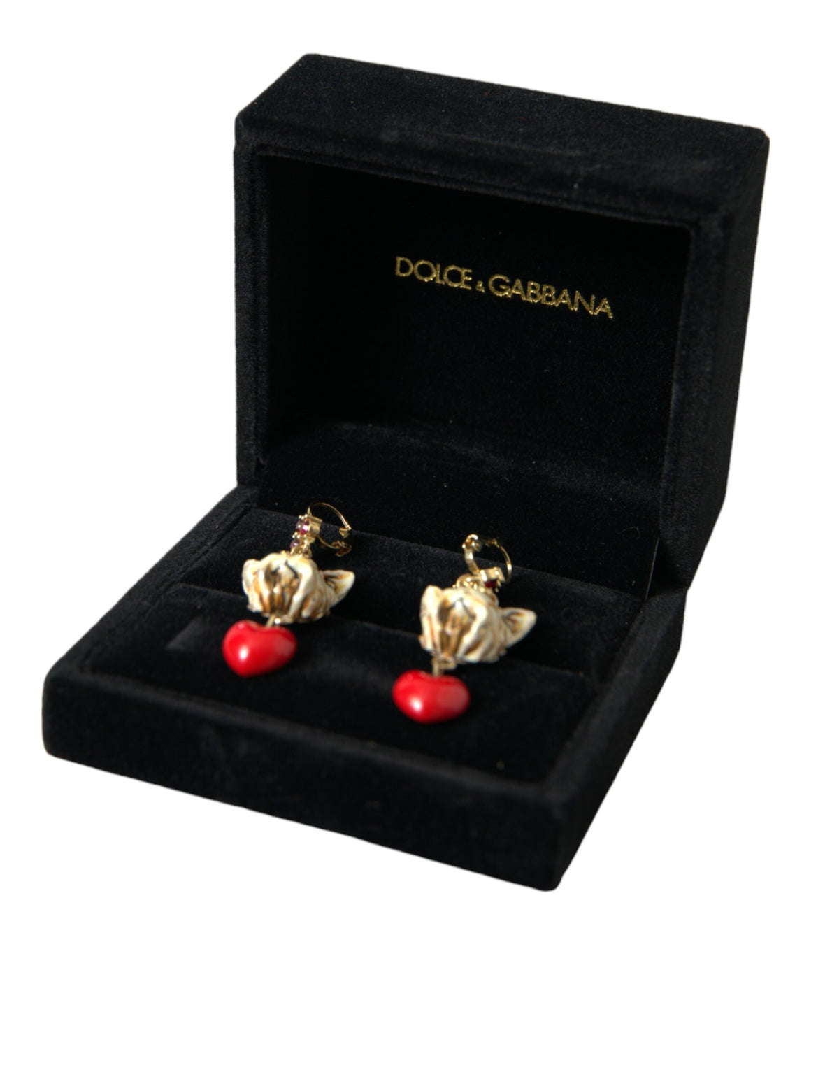 Pendientes colgantes de latón dorado con forma de perro y cristales rojos de Dolce &amp; Gabbana