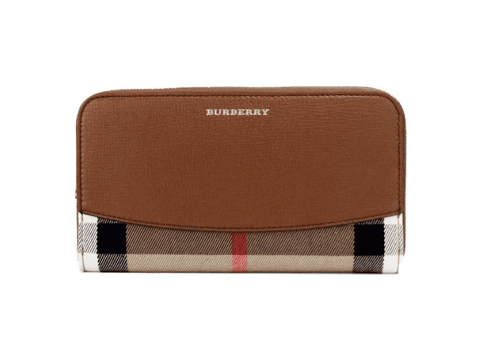 Cartera de mano continental de lona a cuadros House Check de Burberry Elmore en piel granulada color tostado