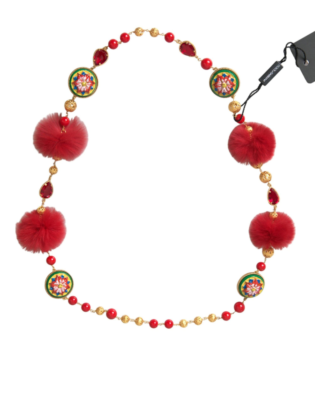 Collier chaîne Carretto en laiton doré et fourrure rouge avec cristaux Dolce &amp; Gabbana