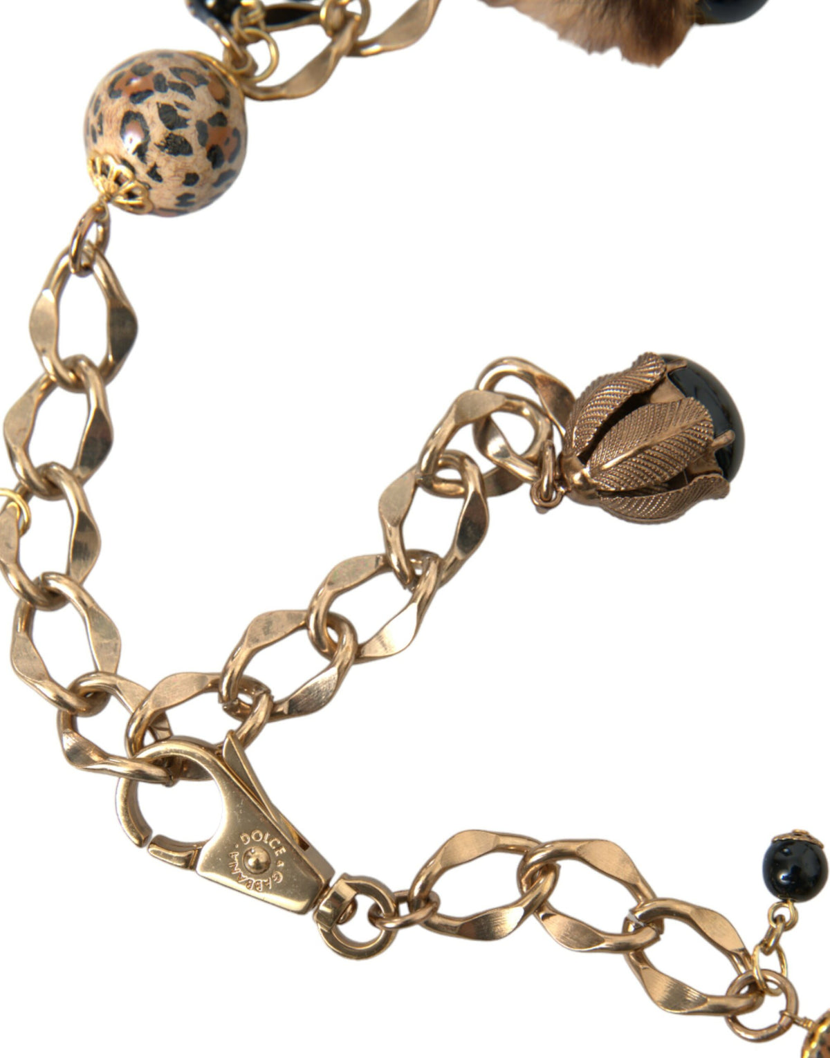 Cinturón con cadena y collar de perlas y piel de leopardo de latón dorado de Dolce &amp; Gabbana