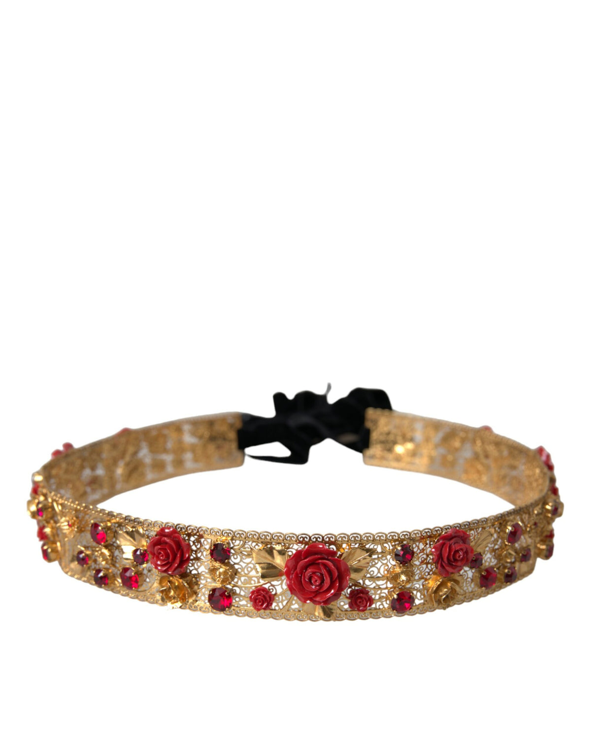 Ceinture Dolce &amp; Gabbana en laiton doré avec cristaux et roses rouges