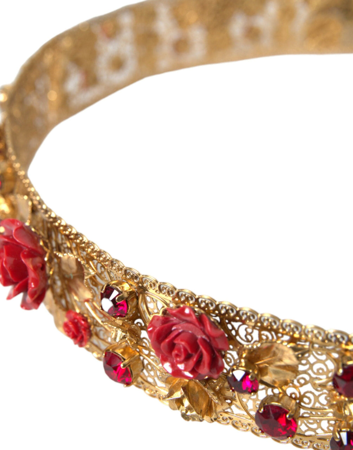 Ceinture Dolce &amp; Gabbana en laiton doré avec cristaux et roses rouges