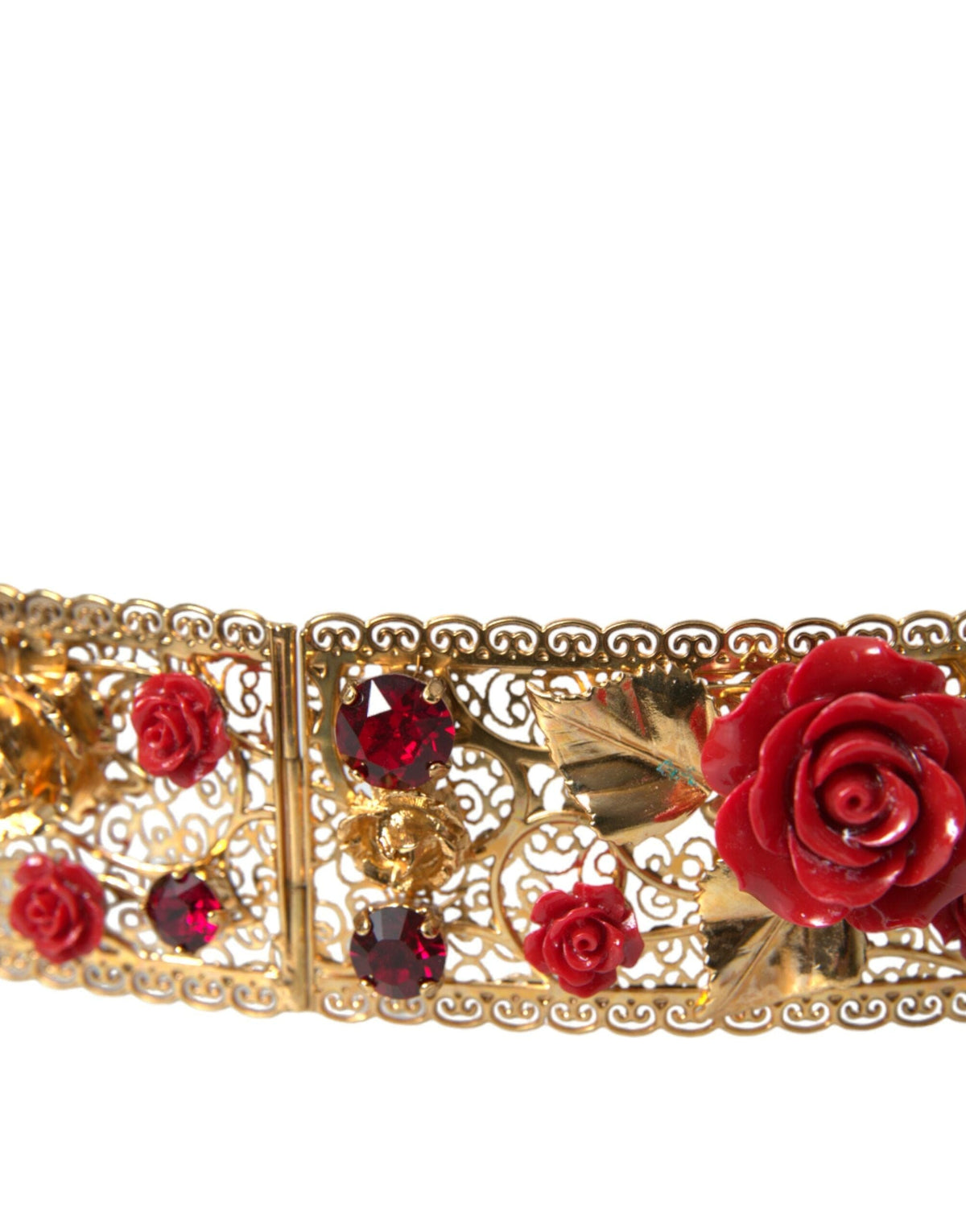 Ceinture Dolce &amp; Gabbana en laiton doré avec cristaux et roses rouges