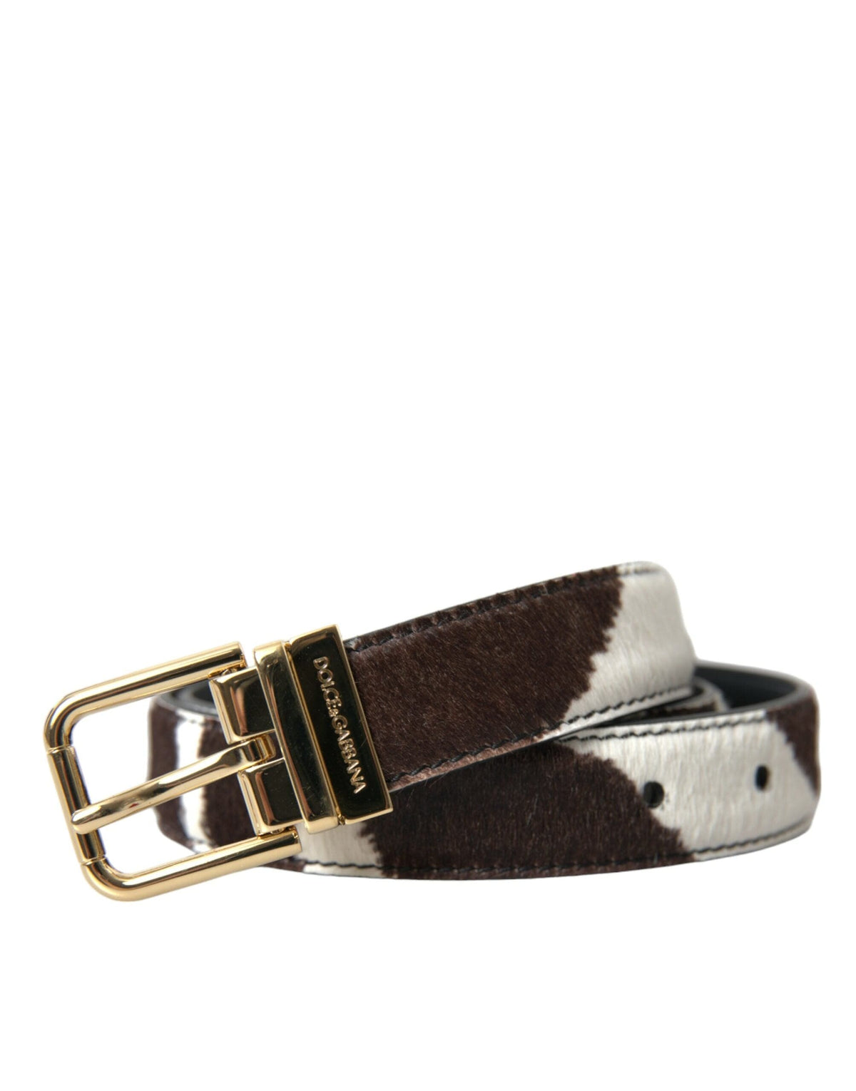 Ceinture Dolce &amp; Gabbana en poil de poney zèbre marron et blanc avec boucle dorée