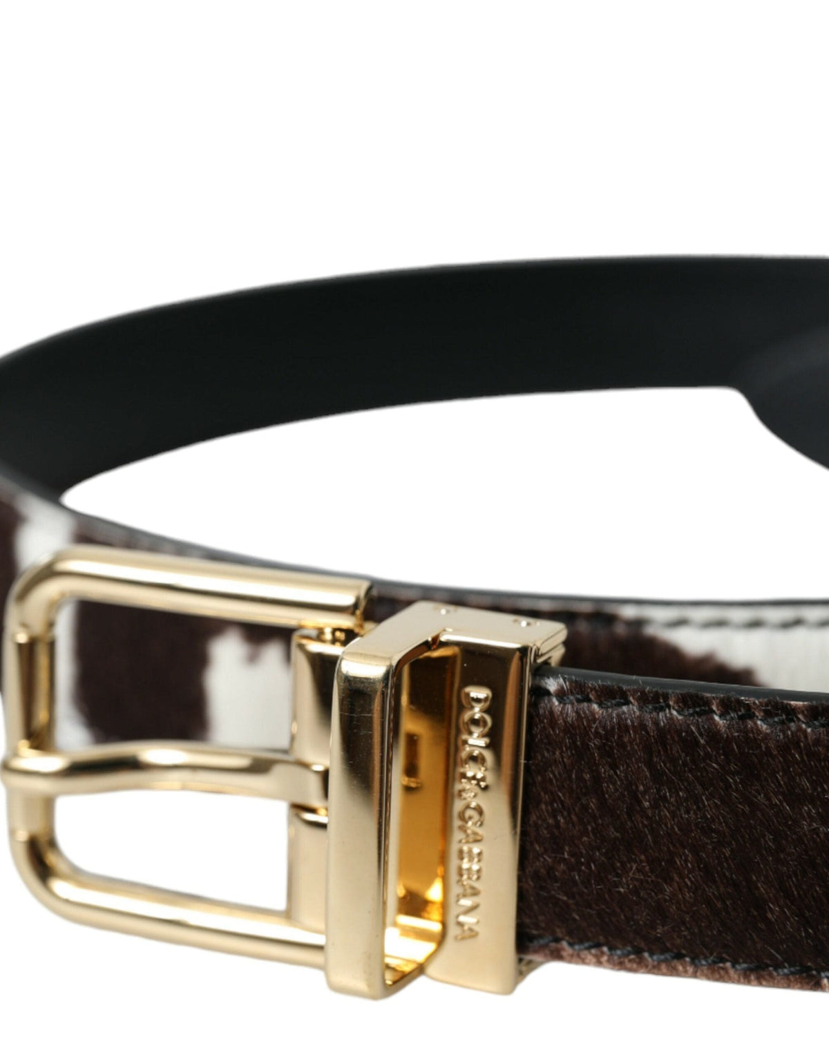 Ceinture Dolce &amp; Gabbana en poil de poney zèbre marron et blanc avec boucle dorée