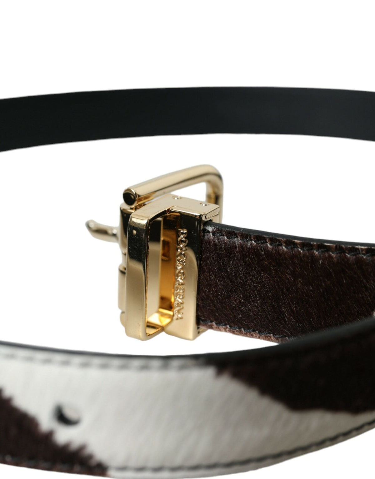 Ceinture Dolce &amp; Gabbana en poil de poney zèbre marron et blanc avec boucle dorée