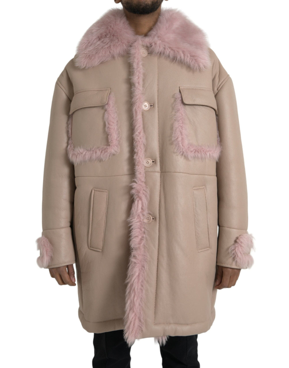 Dolce &amp; Gabbana - Manteau en peau de mouton retournée beige et rose