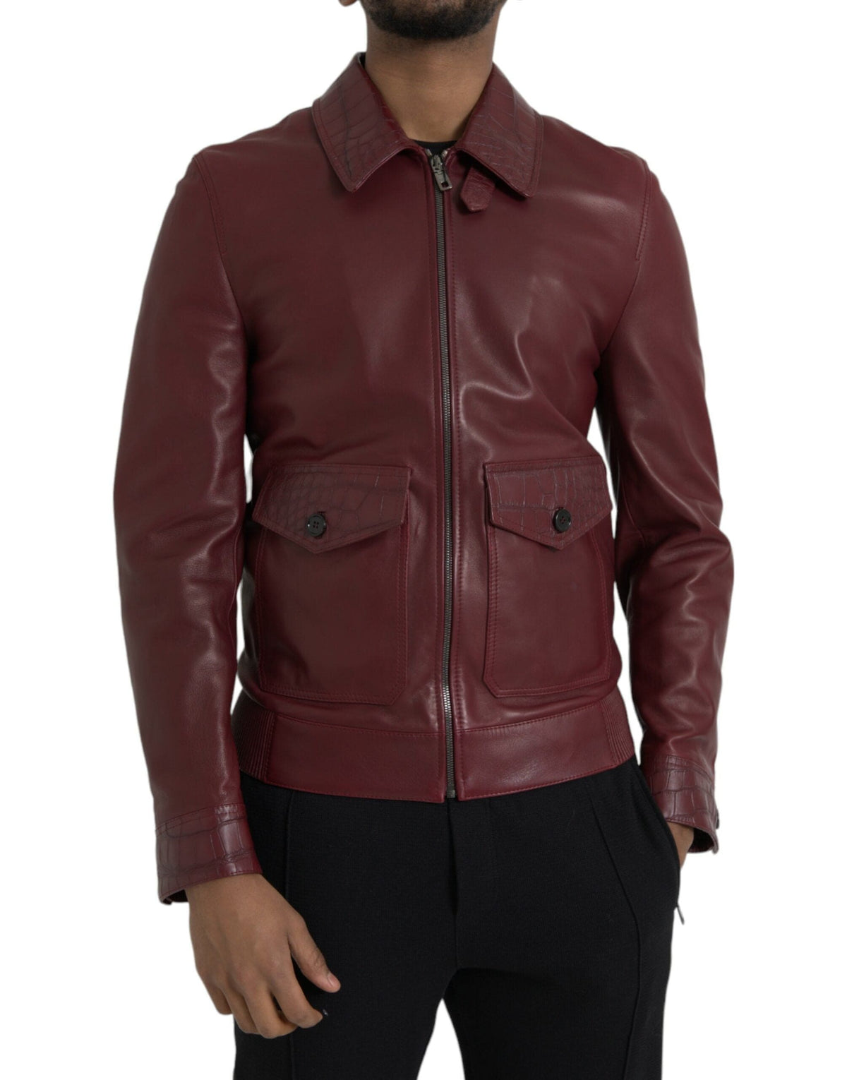 Dolce &amp; Gabbana - Veste motard zippée en cuir exotique marron