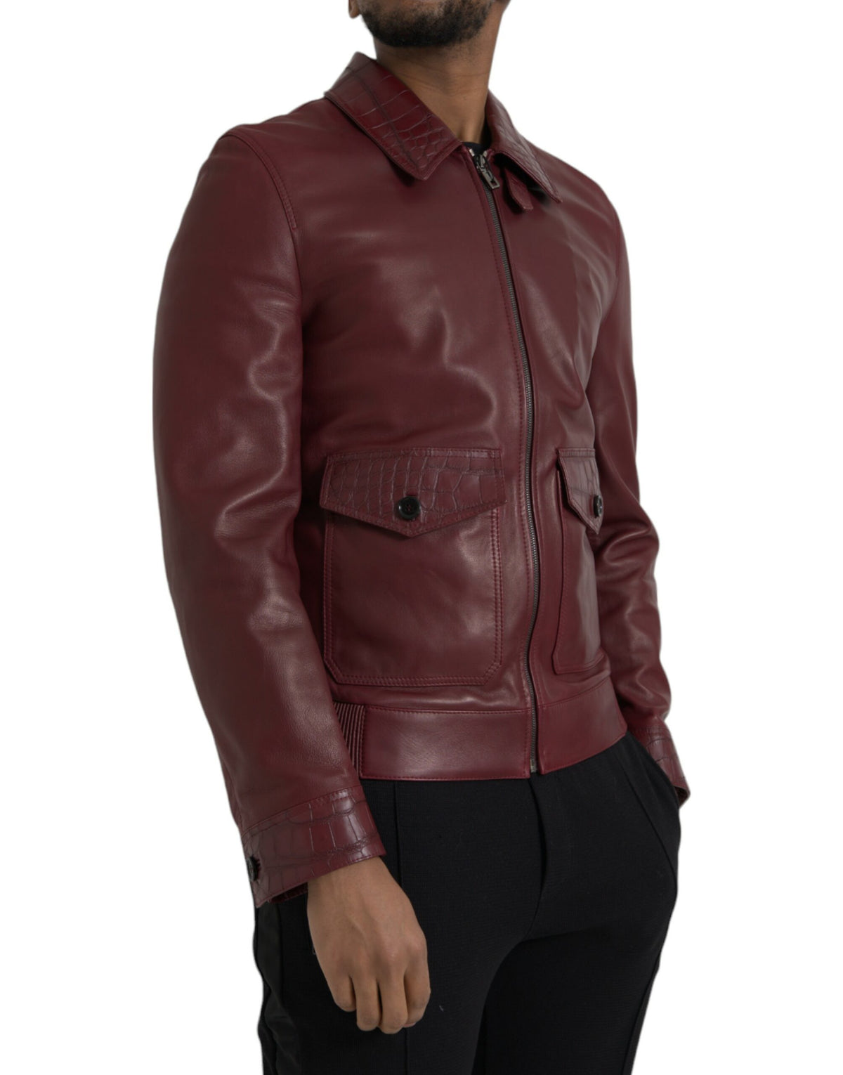 Dolce &amp; Gabbana - Veste motard zippée en cuir exotique marron