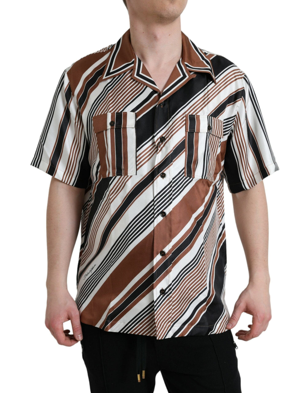 Chemise à manches courtes à rayures en soie marron et blanche Dolce &amp; Gabbana