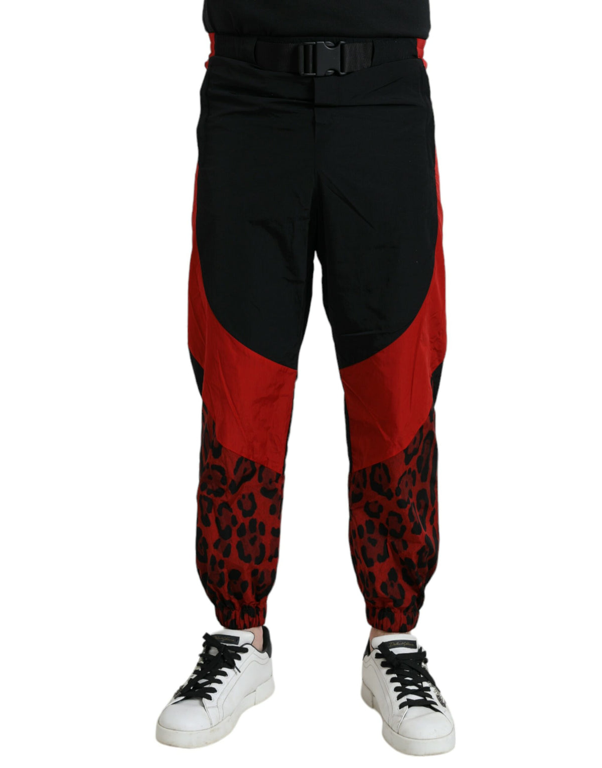 Pantalon de jogging en nylon imprimé léopard noir et rouge Dolce &amp; Gabbana