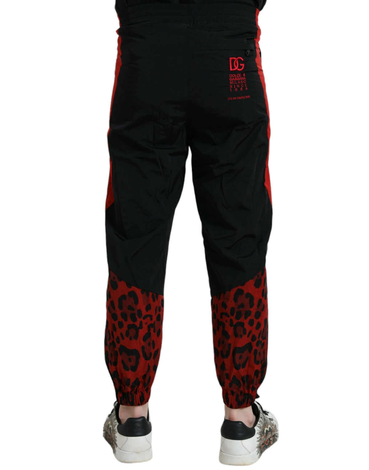 Pantalon de jogging en nylon imprimé léopard noir et rouge Dolce &amp; Gabbana