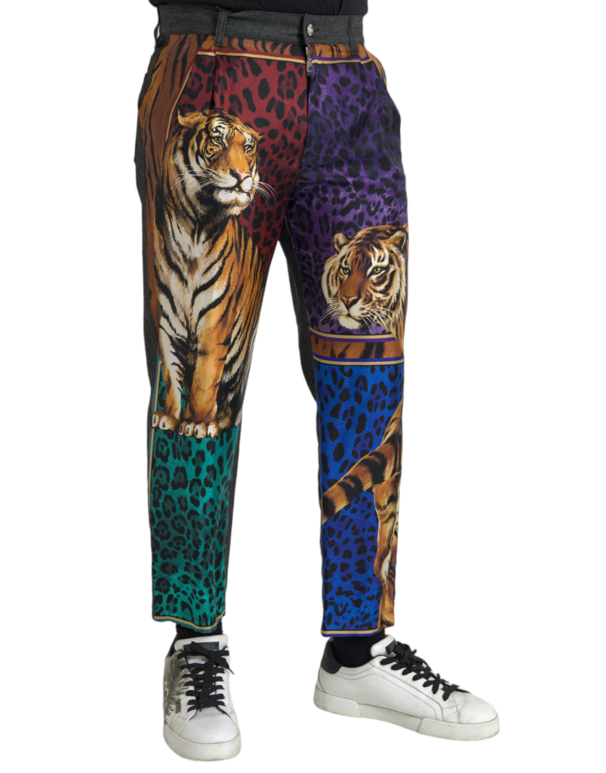 Pantalon fuselé ample en coton à imprimé léopard et tigre multicolore Dolce &amp; Gabbana