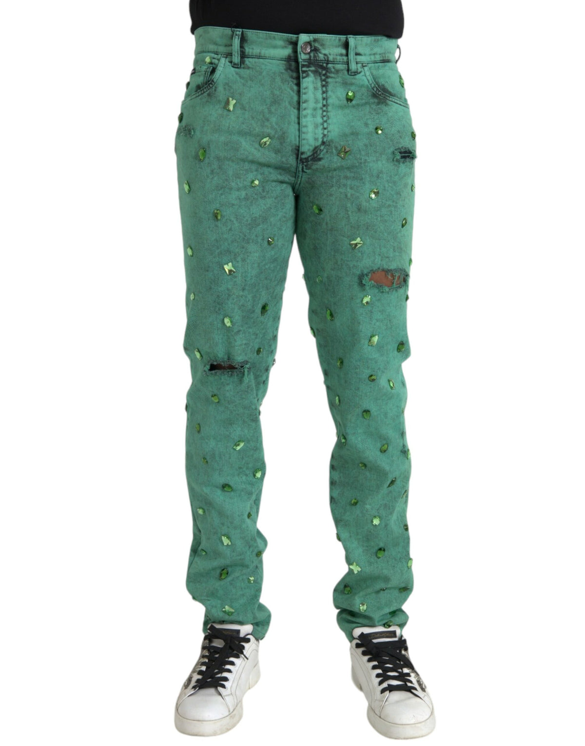 Jean slim stretch en coton à cristaux verts Dolce &amp; Gabbana