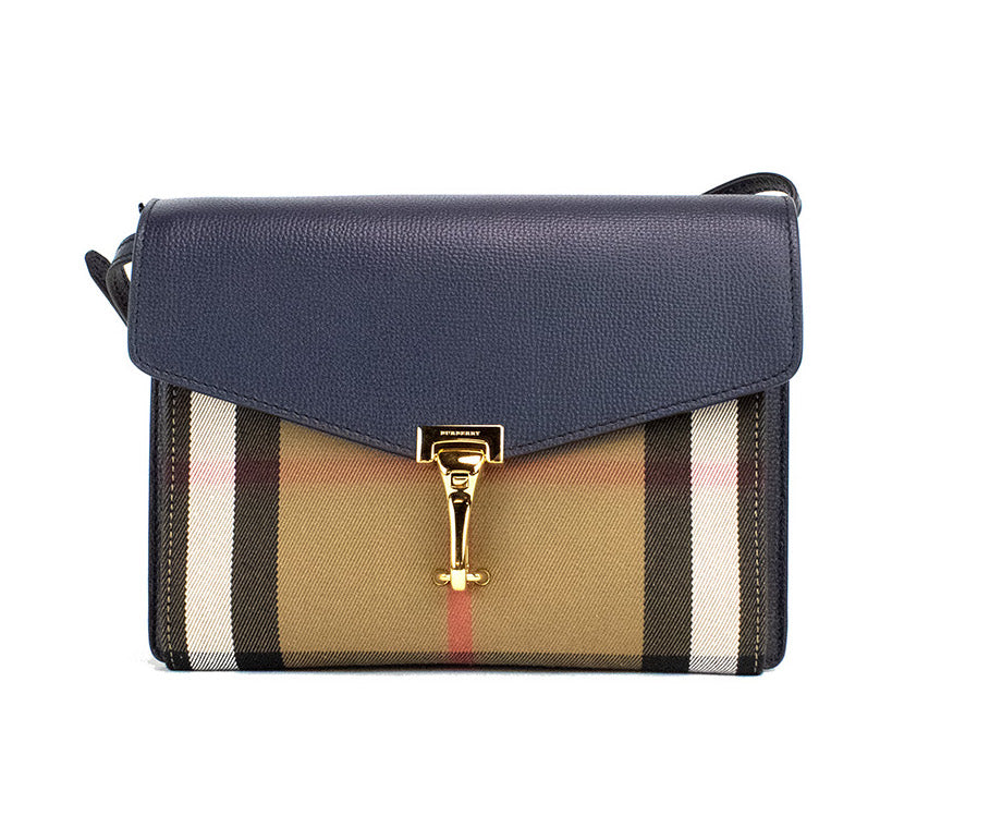 Bolso bandolera pequeño Burberry Macken de piel de grano Derby con cuadros House Check en azul tinta