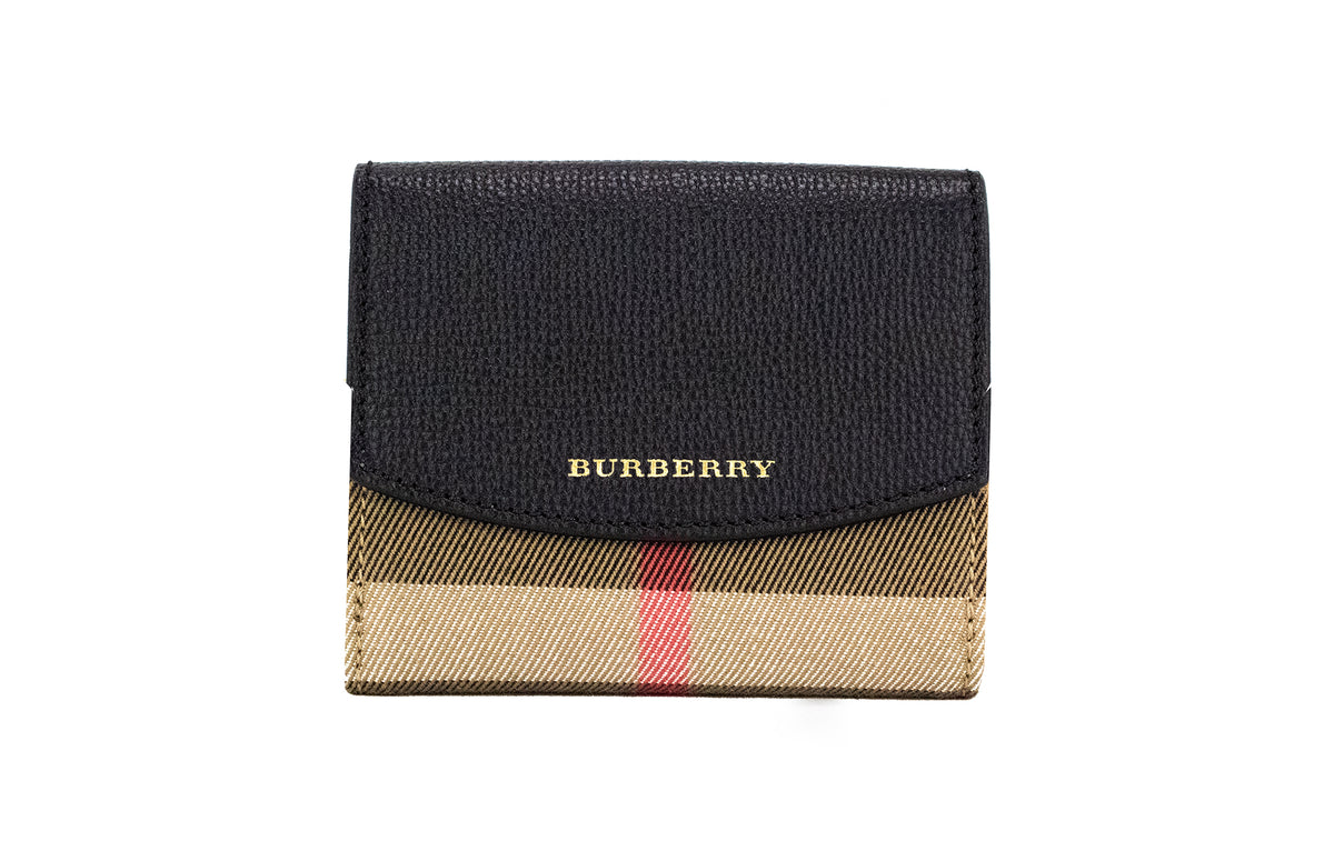 Portefeuille à pression Burberry Luna en cuir grainé noir et toile House Check