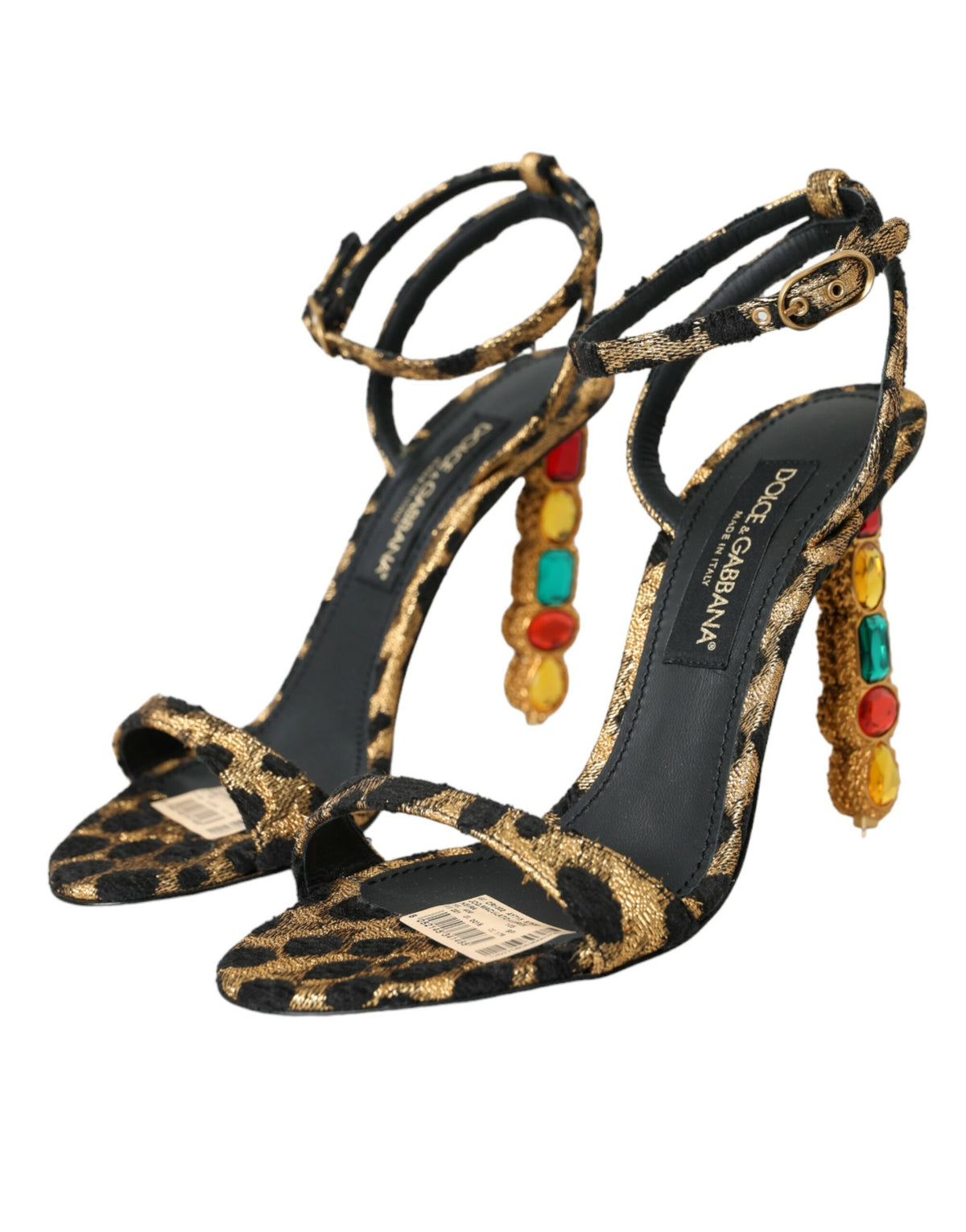 Sandalias y zapatos de tacón con cristales y estampado de leopardo dorado de Dolce &amp; Gabbana