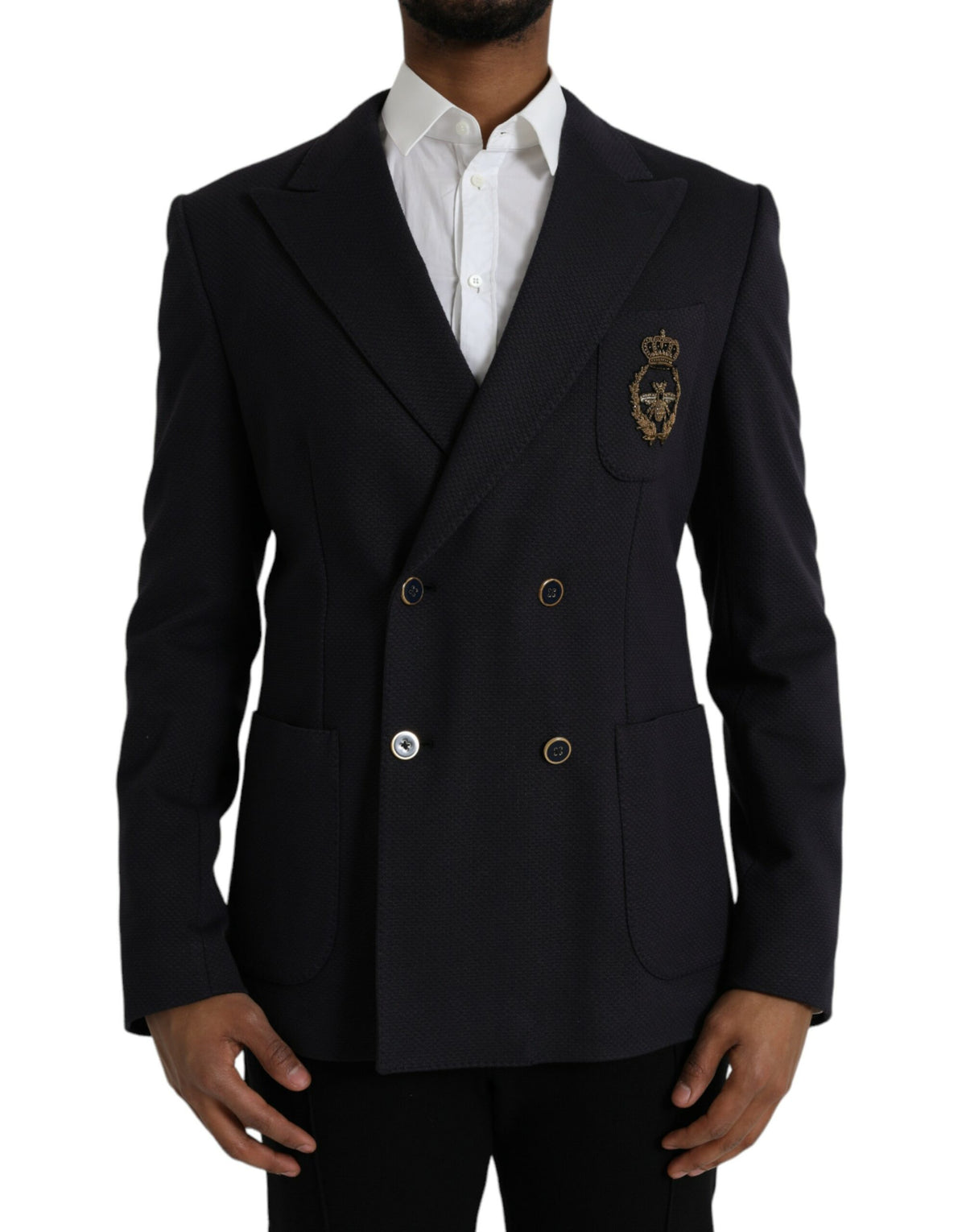 Blazer croisé bleu foncé Dolce &amp; Gabbana à motif couronne d'abeilles