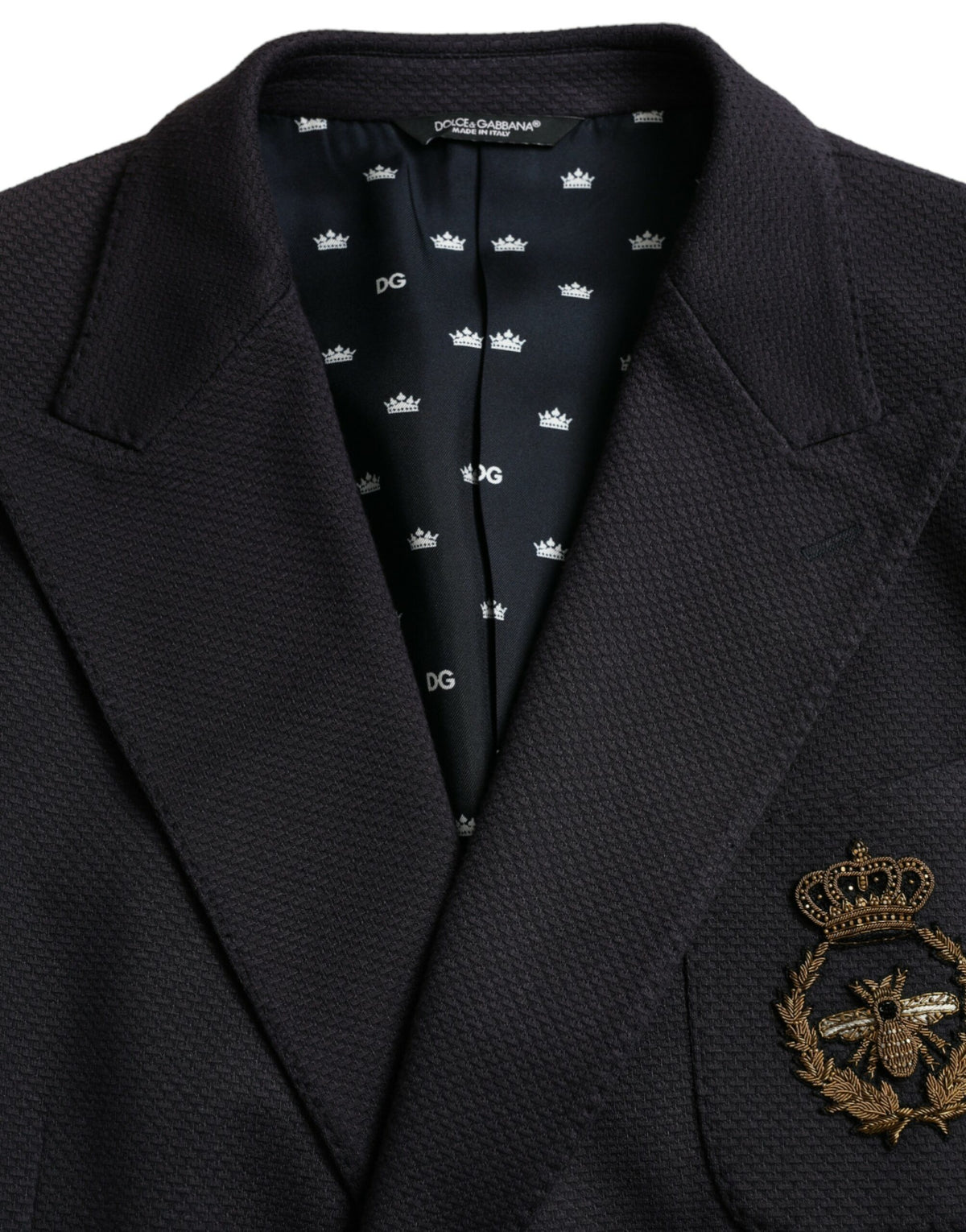 Blazer croisé bleu foncé Dolce &amp; Gabbana à motif couronne d'abeilles