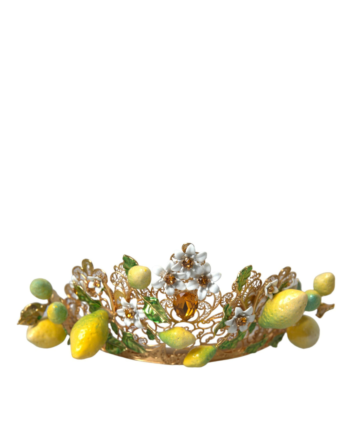 Tiare couronne tête de citron Dolce &amp; Gabbana en laiton doré et cristal de Sicile