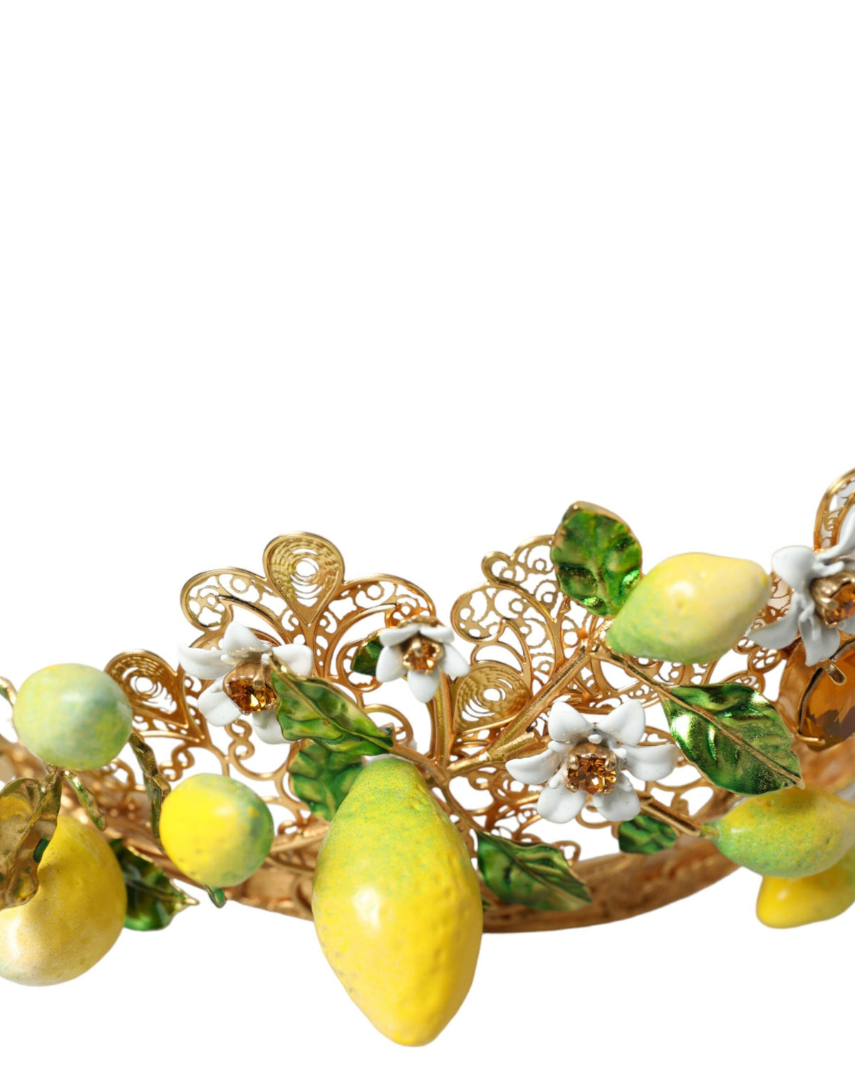 Tiare couronne tête de citron Dolce &amp; Gabbana en laiton doré et cristal de Sicile