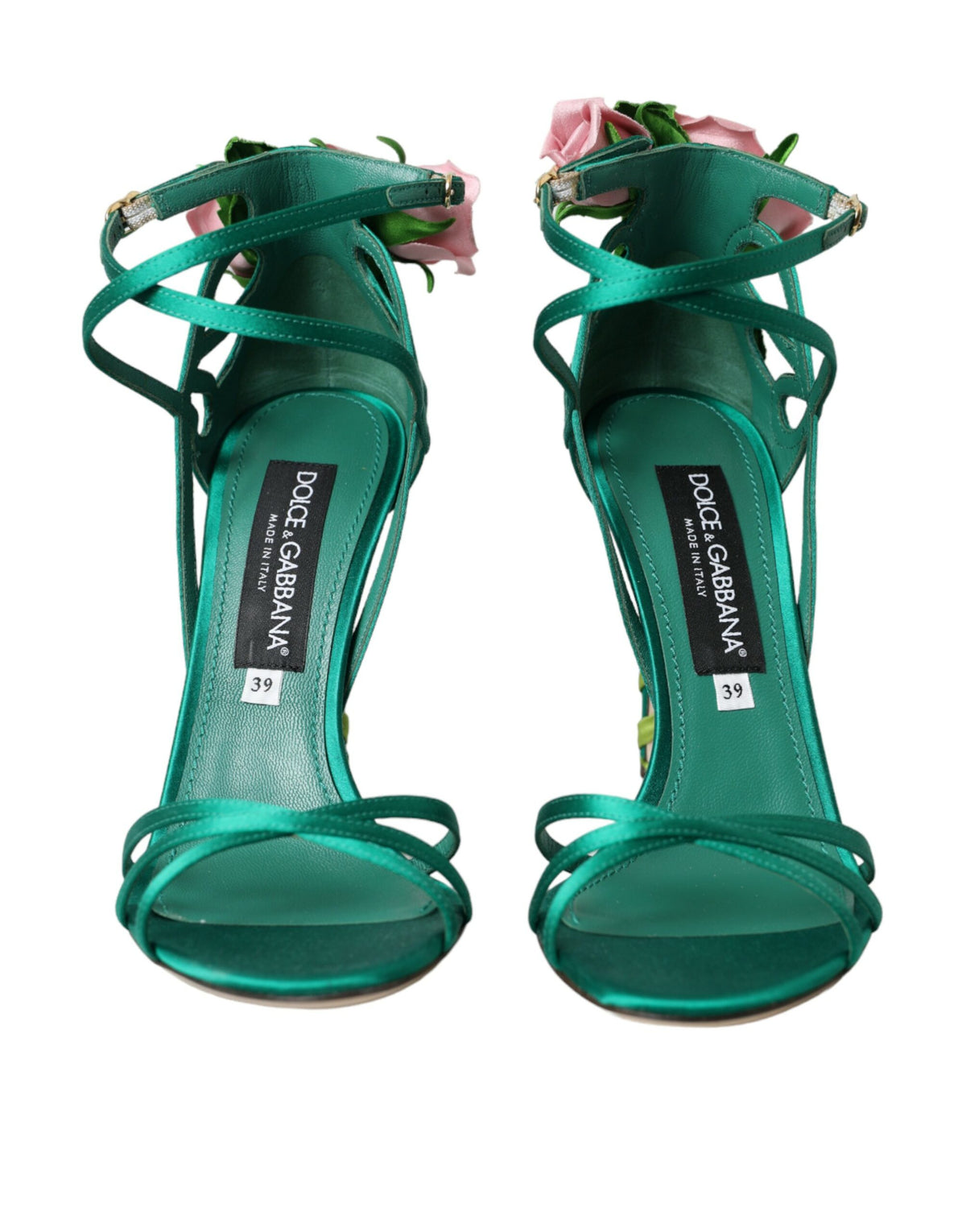 Sandalias de tacón de satén con flores verdes de Dolce &amp; Gabbana