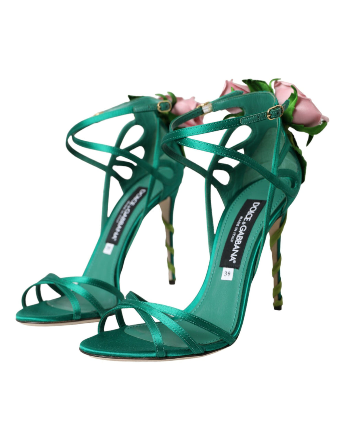 Dolce & Gabbana Green Flower Satin Heels Sandals Shoes