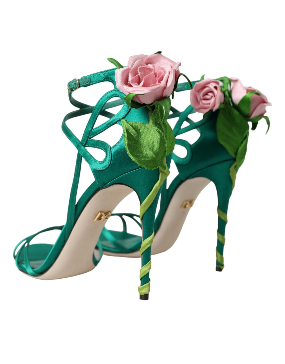 Sandalias de tacón de satén con flores verdes de Dolce &amp; Gabbana