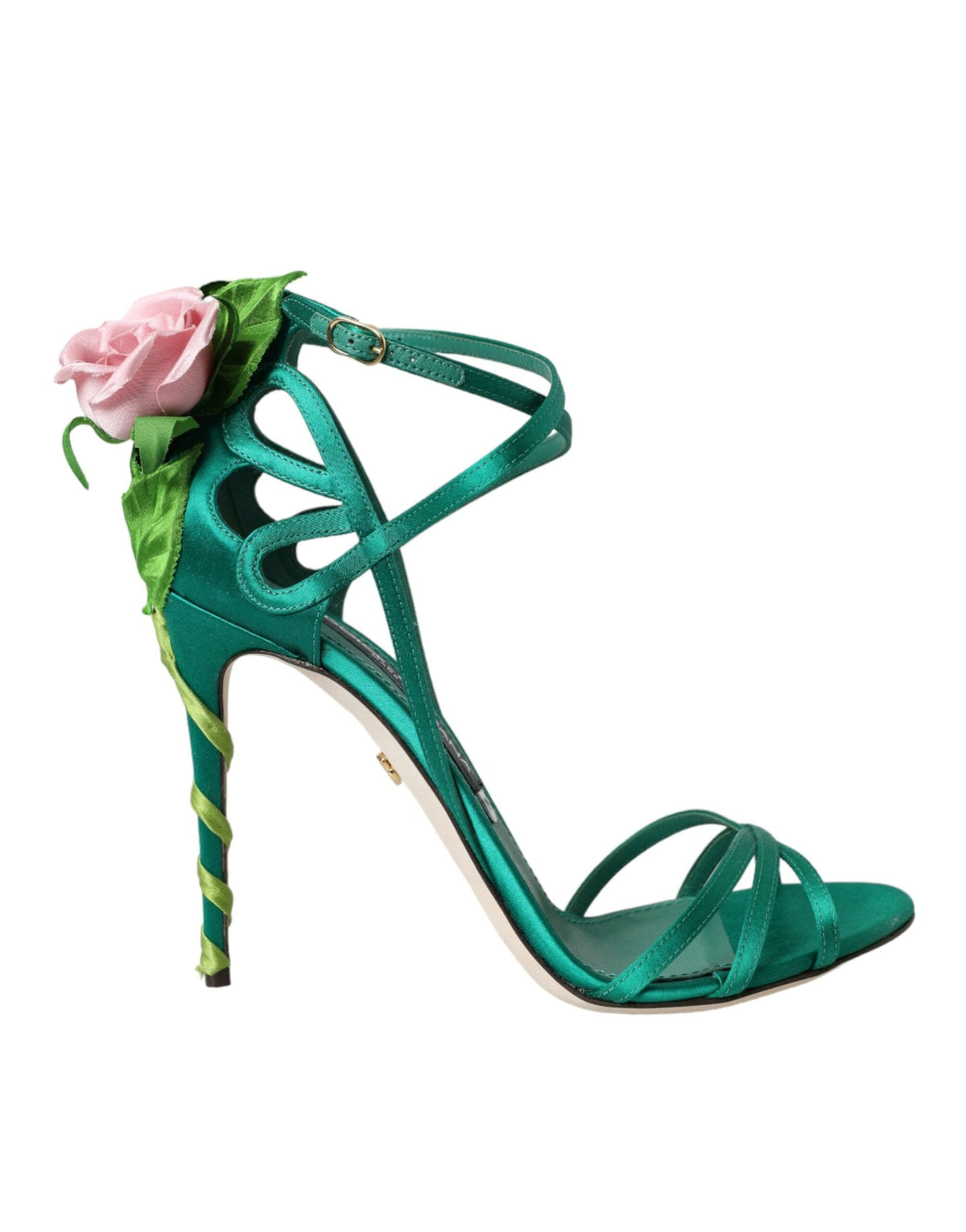 Sandalias de tacón de satén con flores verdes de Dolce &amp; Gabbana