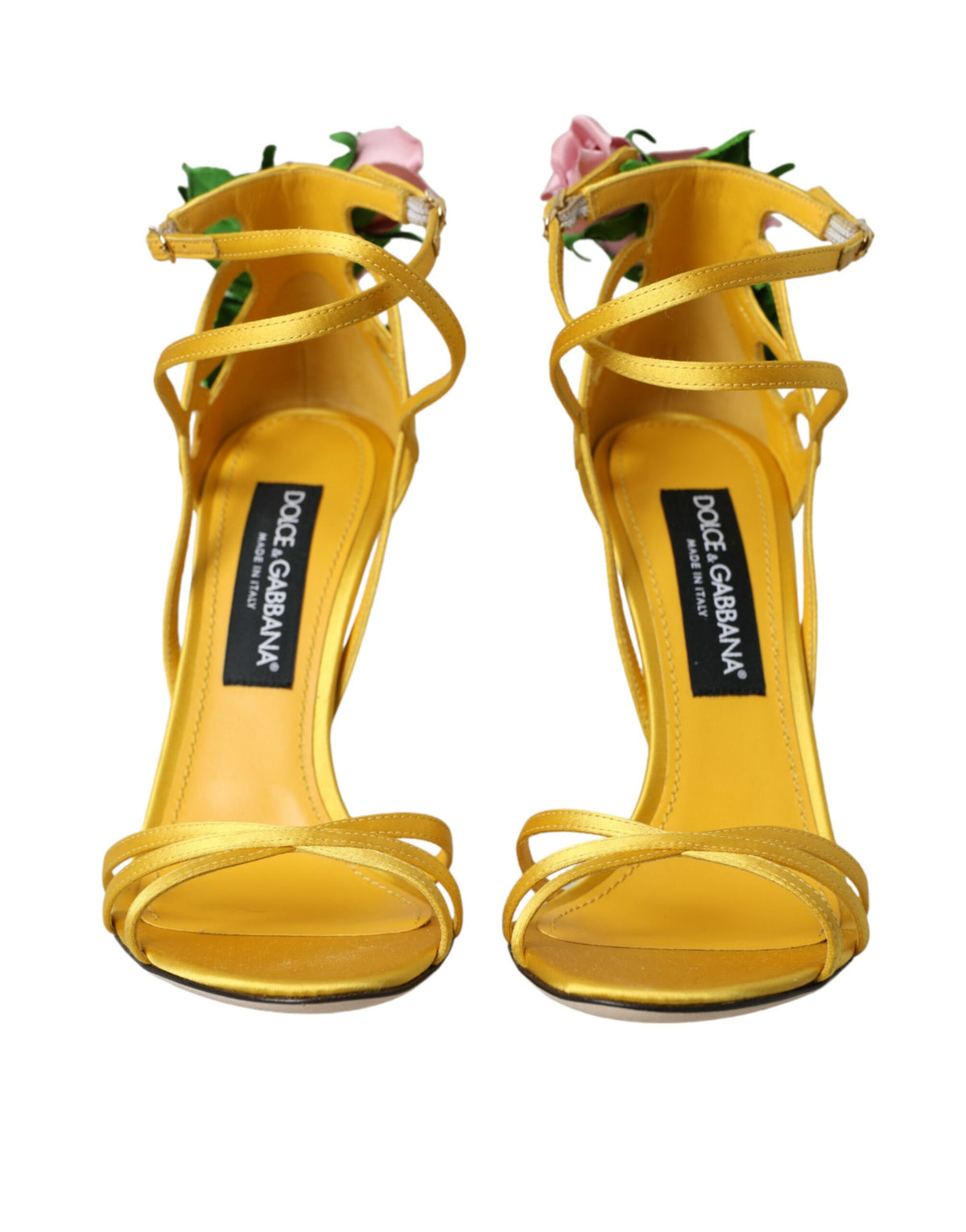 Sandales à talons en satin à fleurs jaunes Dolce &amp; Gabbana