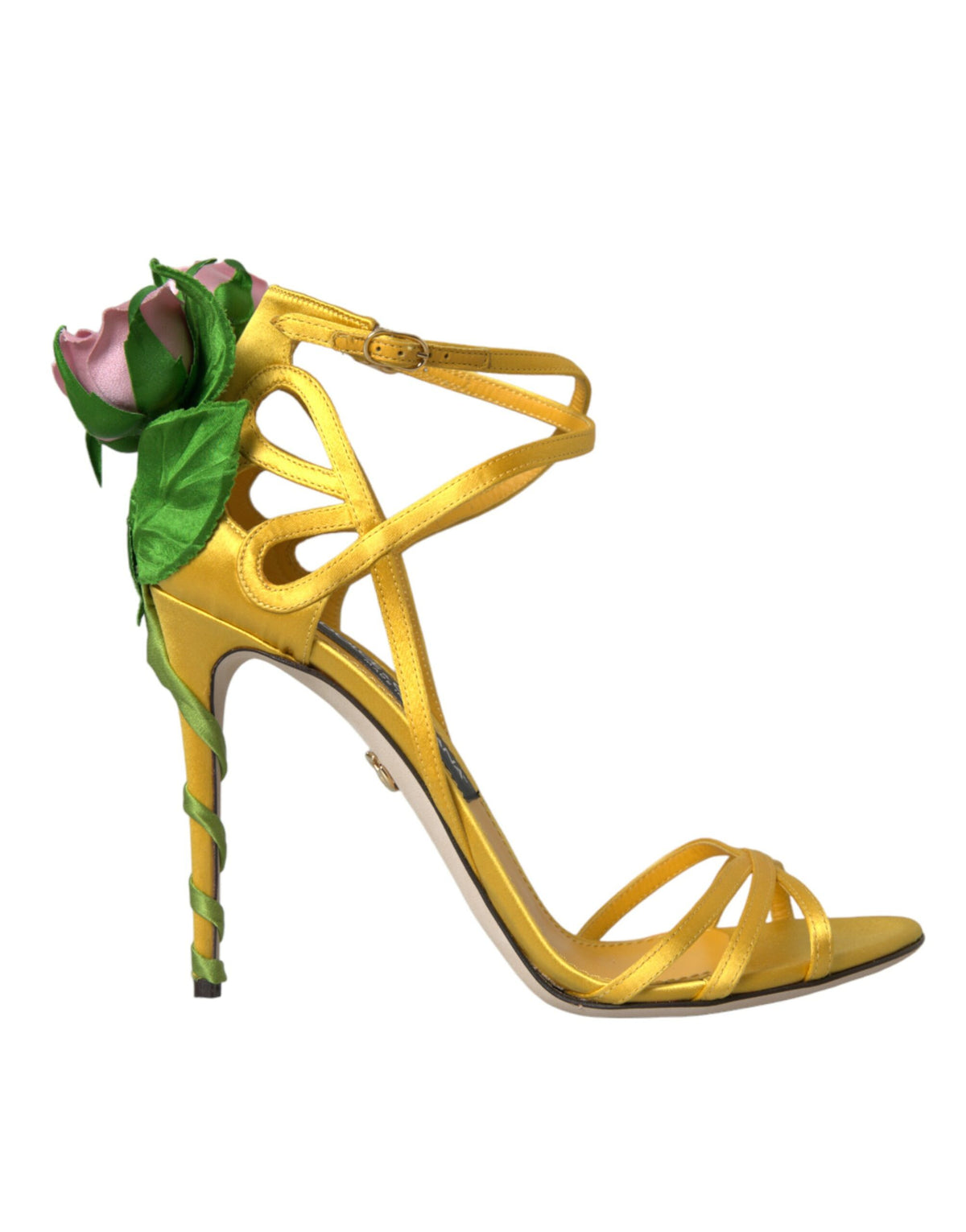 Sandales à talons en satin à fleurs jaunes Dolce &amp; Gabbana