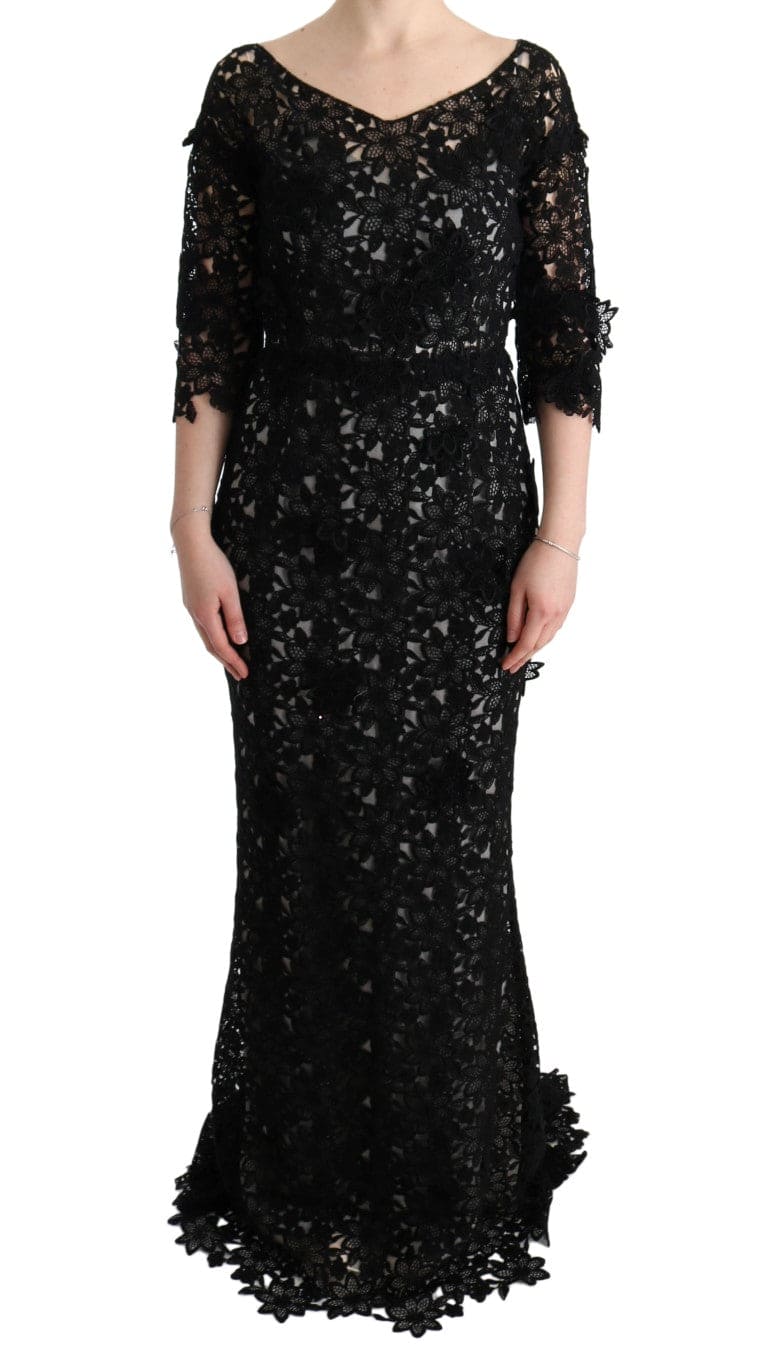 Robe longue noire élégante Dolce &amp; Gabbana avec appliques florales