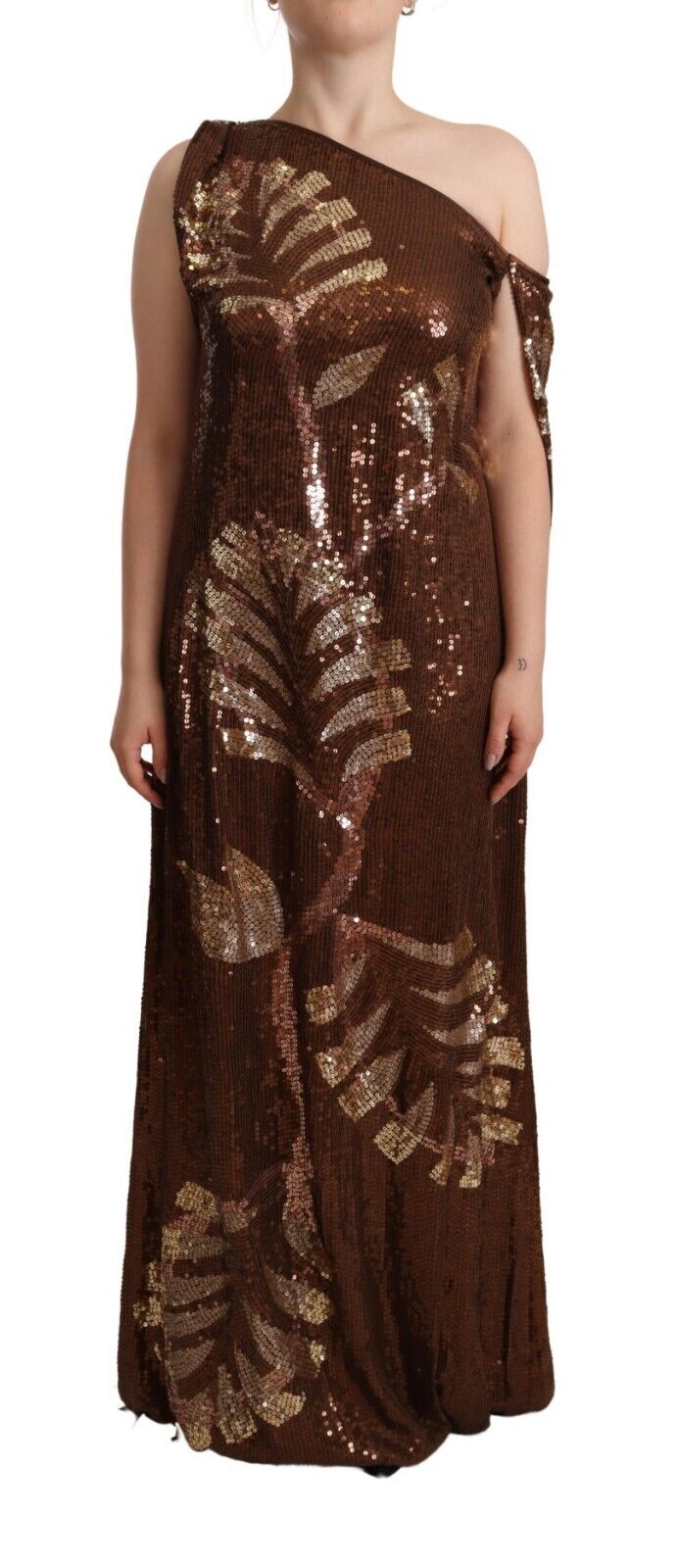 Robe longue asymétrique à paillettes et motif feuille marron Dsquared²