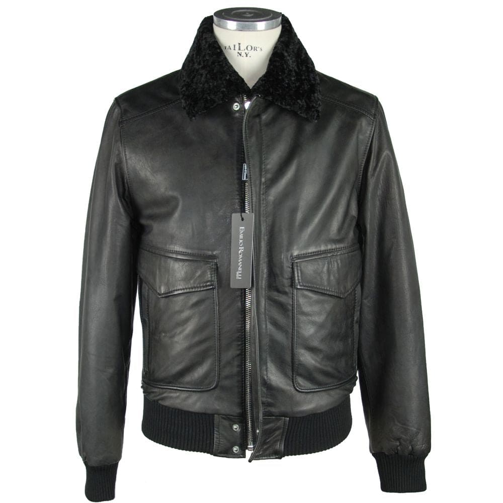 Chaqueta elegante de cuero negro con cremallera de Emilio Romanelli