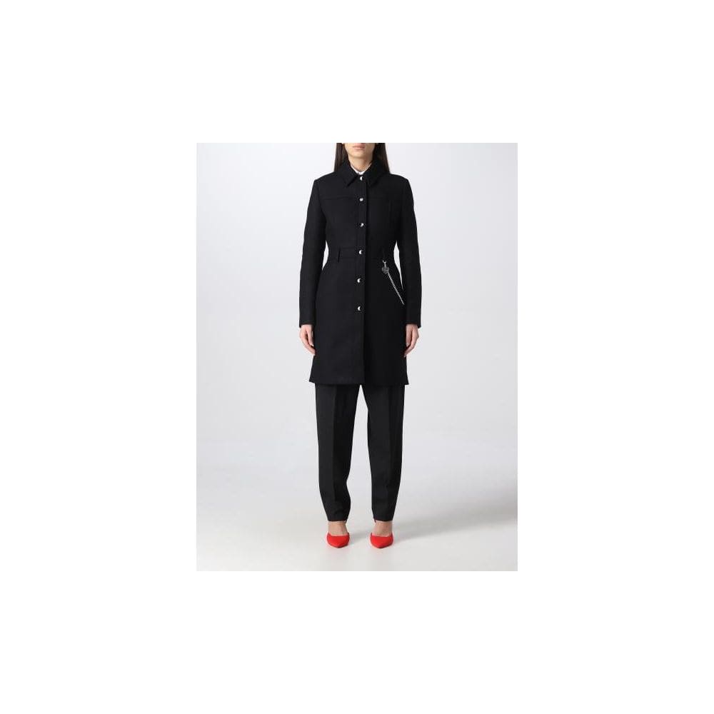 Manteau élégant en laine noire avec détail chaîne argentée Love Moschino