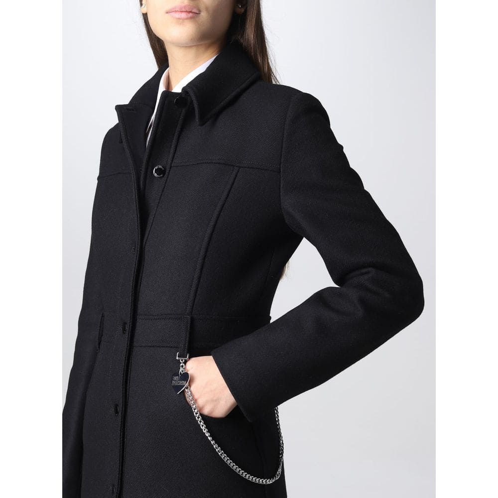 Manteau élégant en laine noire avec détail chaîne argentée Love Moschino