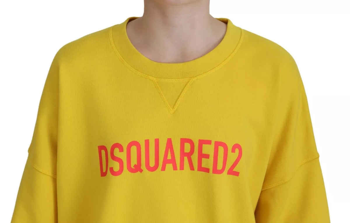 Suéter de cuello redondo de algodón con estampado de logotipo amarillo de Dsquared²