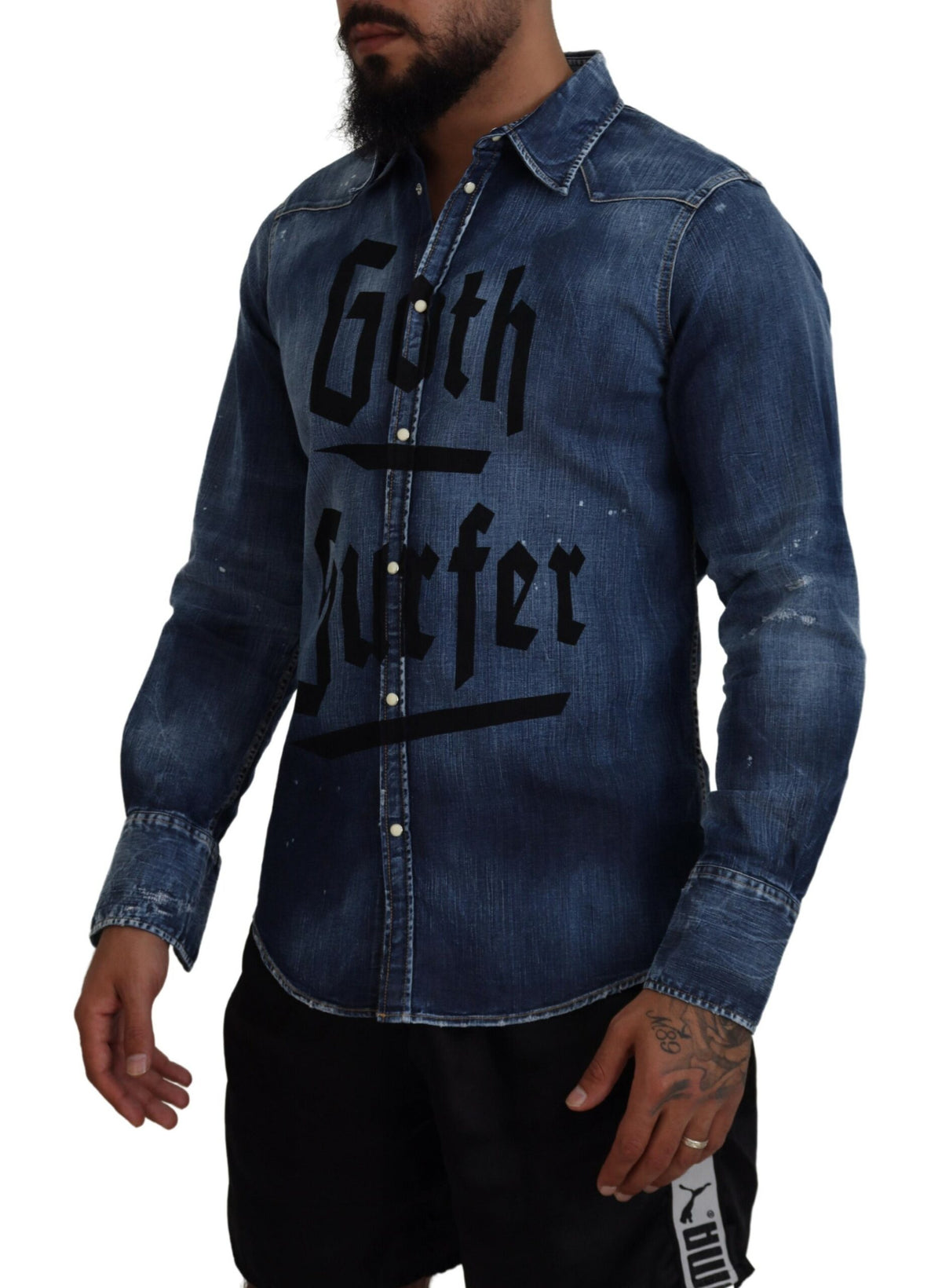 Chemise en jean bleu délavé à imprimé gothique surfeur Dsquared² pour homme