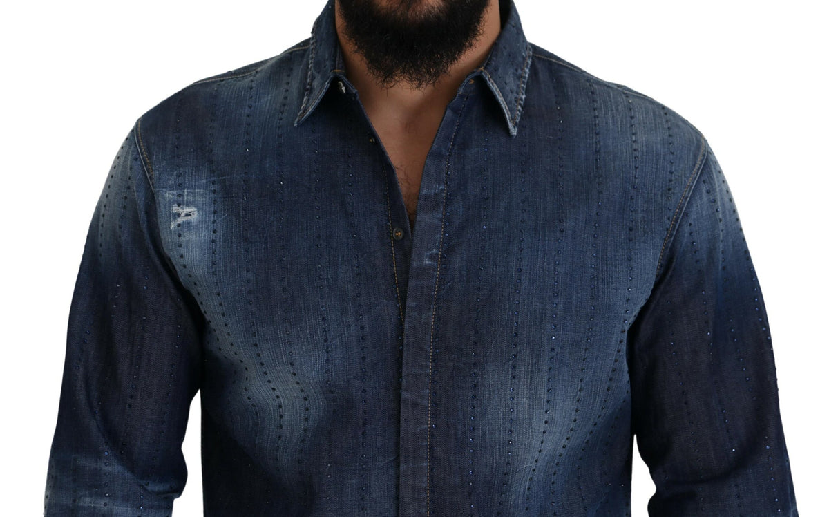 Camisa vaquera con adornos de cristales y diseño deshilachado en color azul de Dsquared²