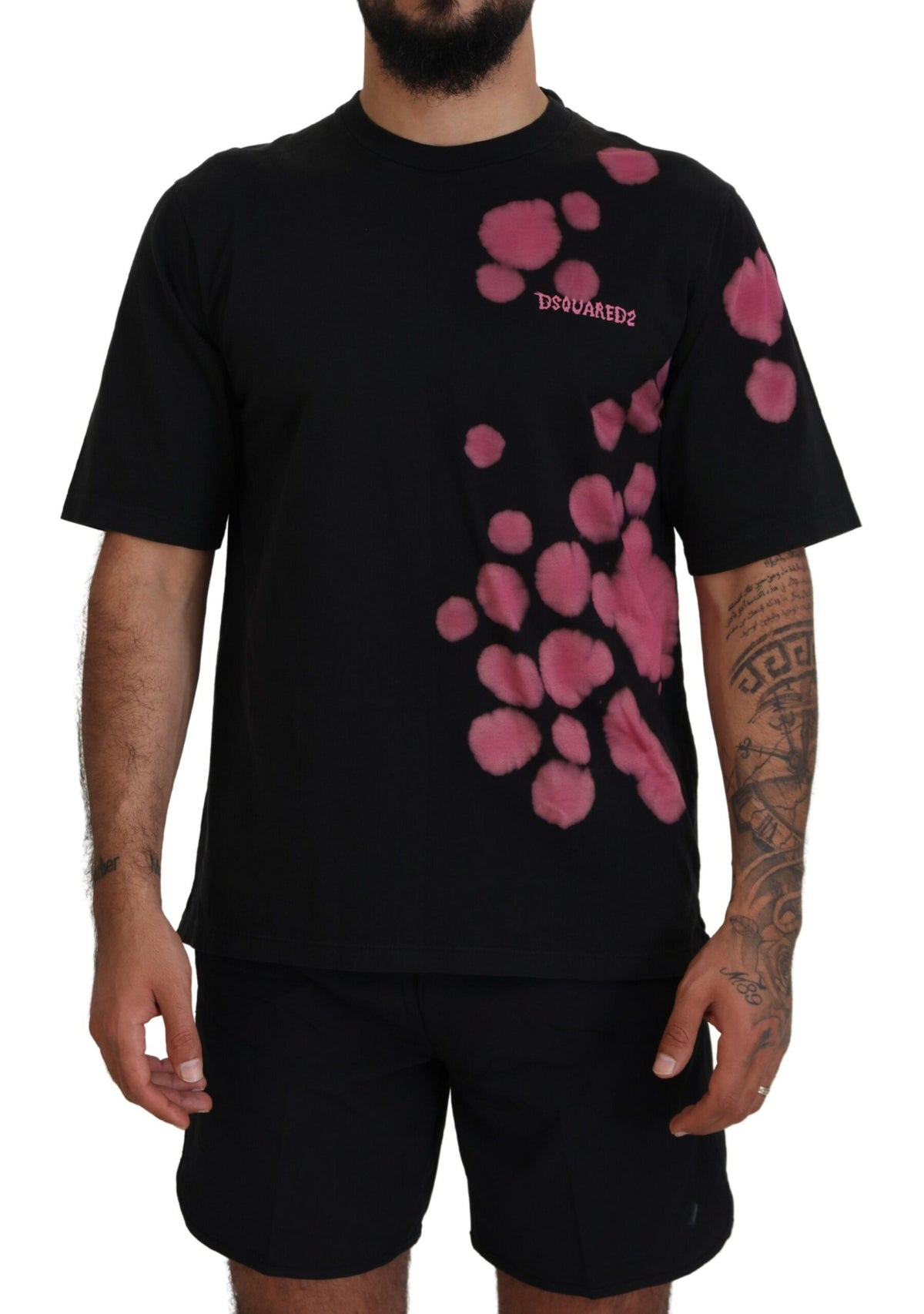 Camiseta de manga corta con cuello redondo en algodón negro y rosa de Dsquared²