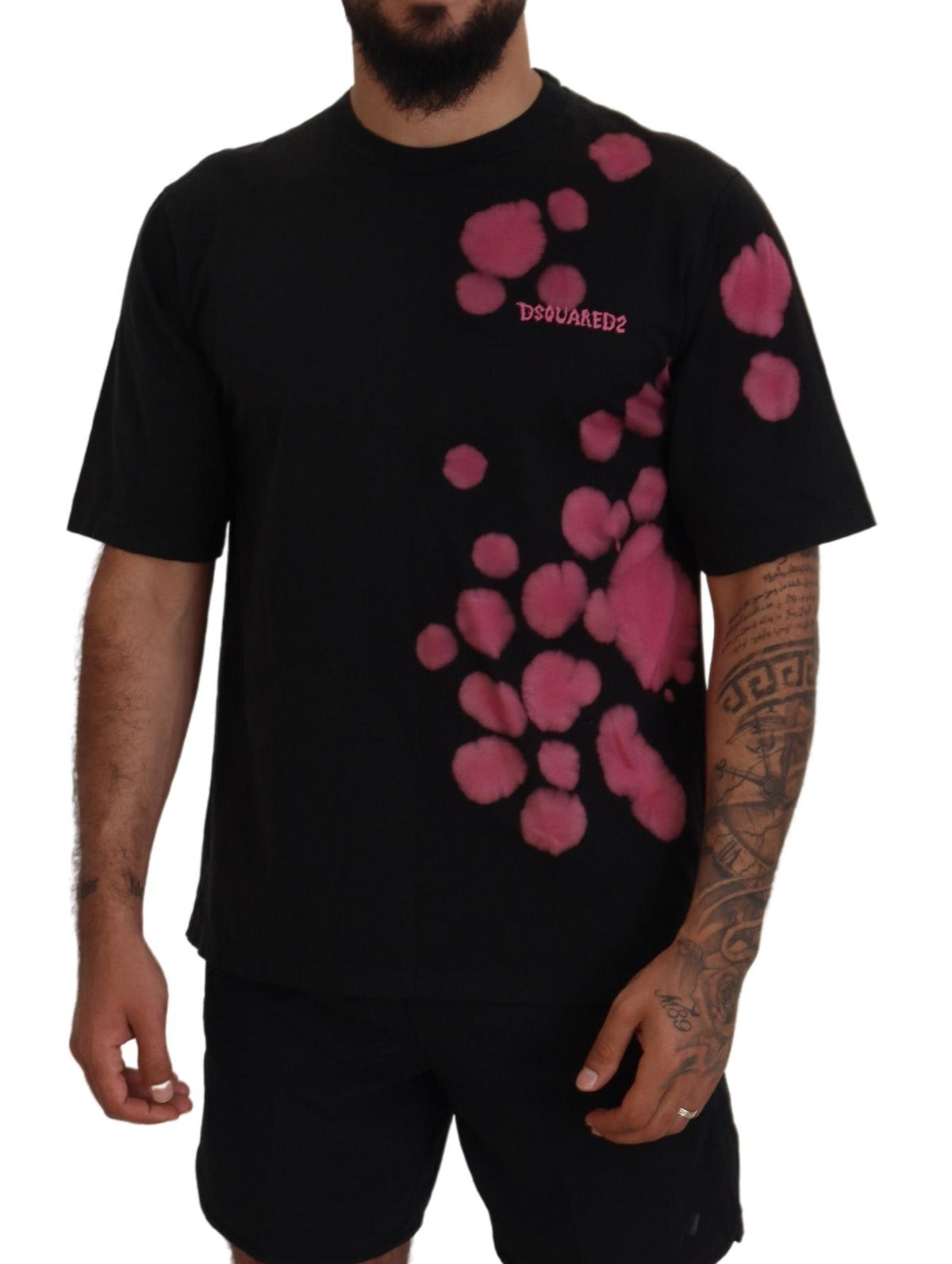 Camiseta de manga corta con cuello redondo en algodón negro y rosa de Dsquared²