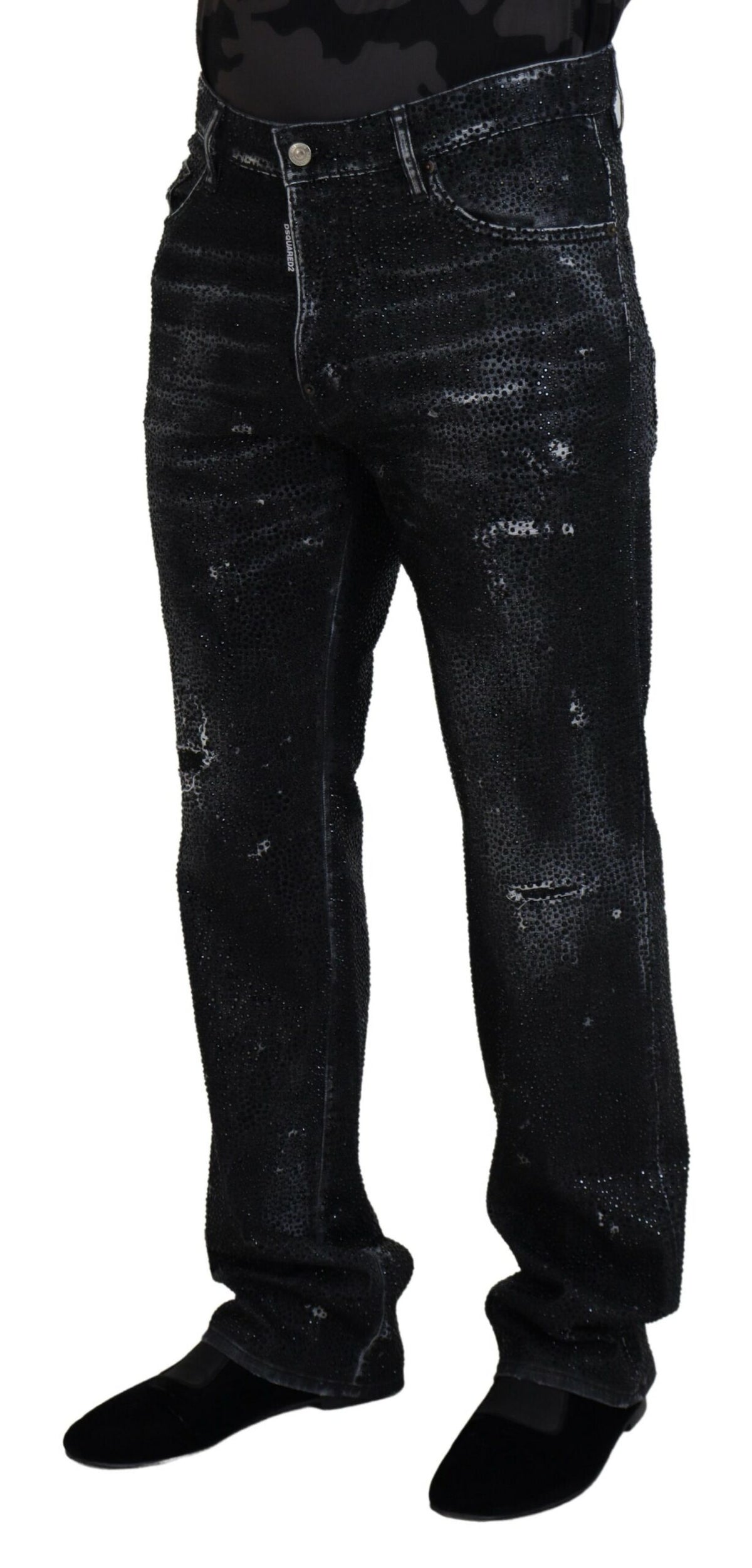 Jean en denim noir usé orné de cristaux Dsquared²