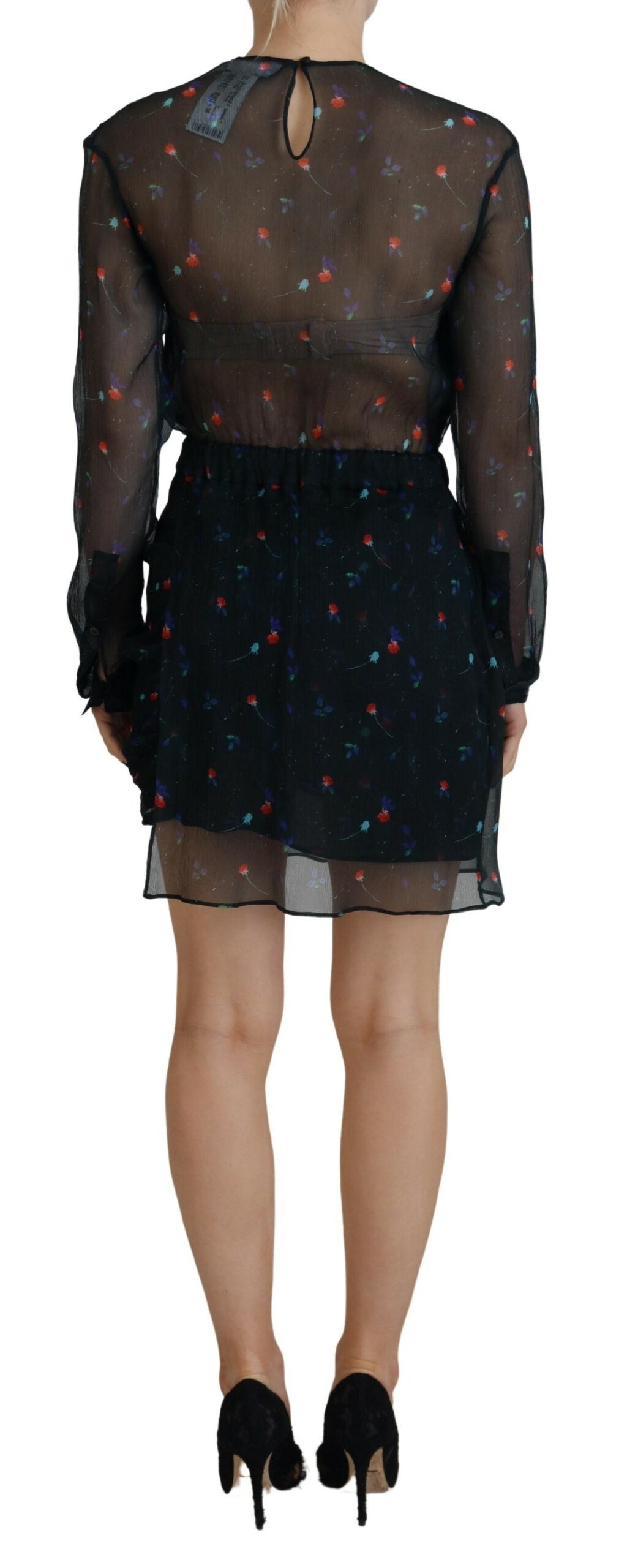 Robe fourreau courte à manches longues en soie fleurie noire Dsquared²