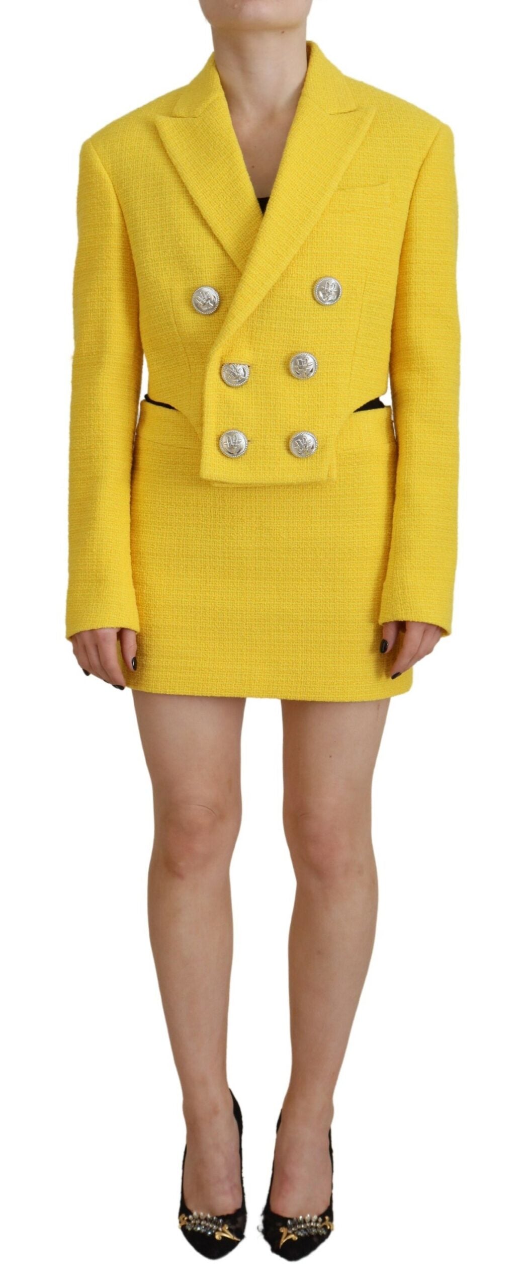 Ensemble mini-costume à double boutonnage jaune avec jupe et blazer Dsquared²