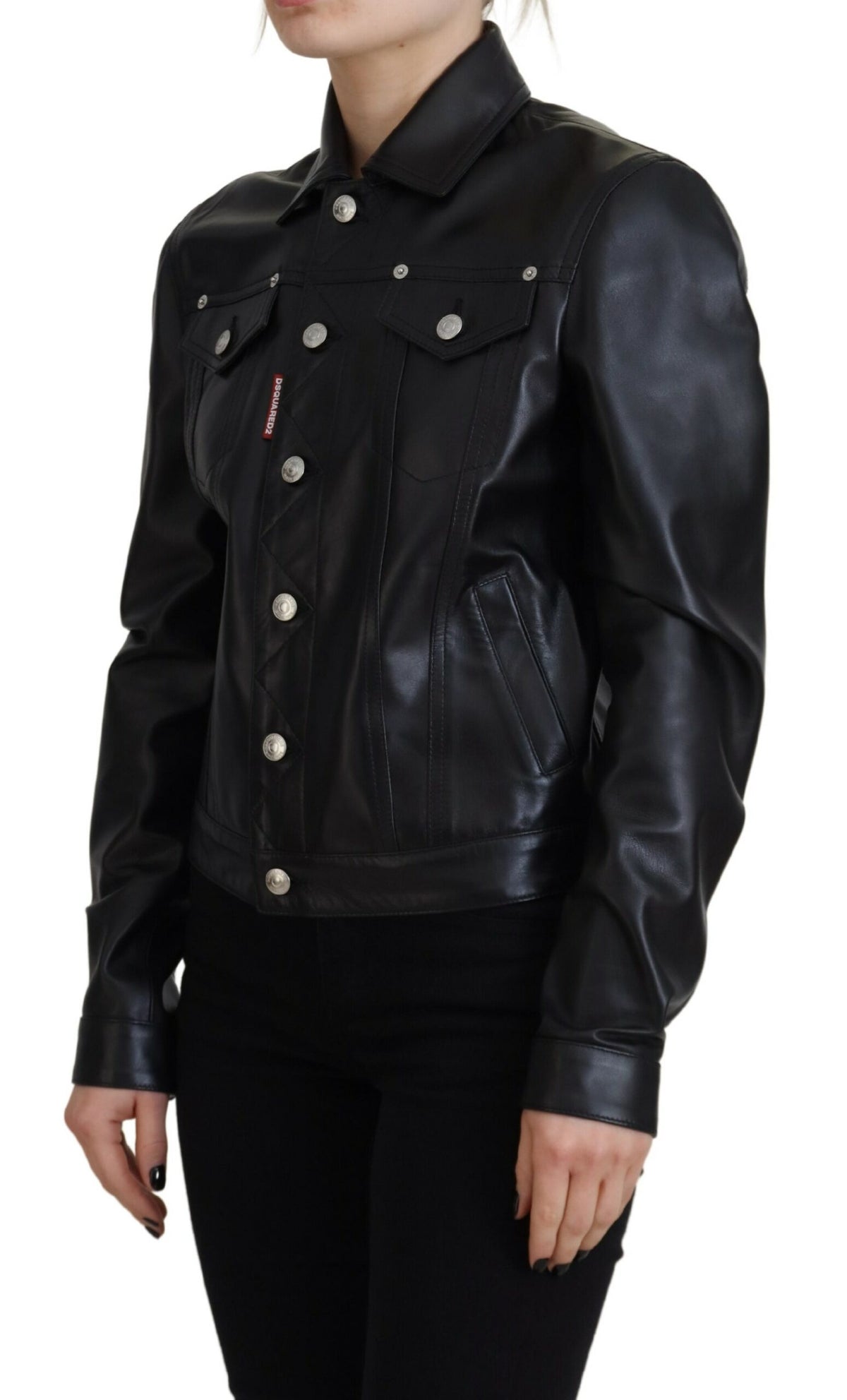 Dsquared² Black Leather Collared Long Sleeves Jacket