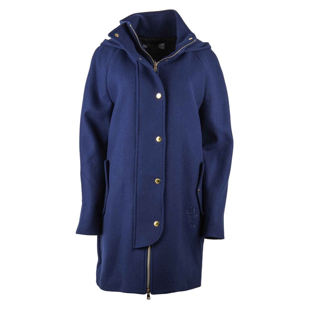 Manteau élégant en laine mélangée bleue avec des accents dorés Love Moschino