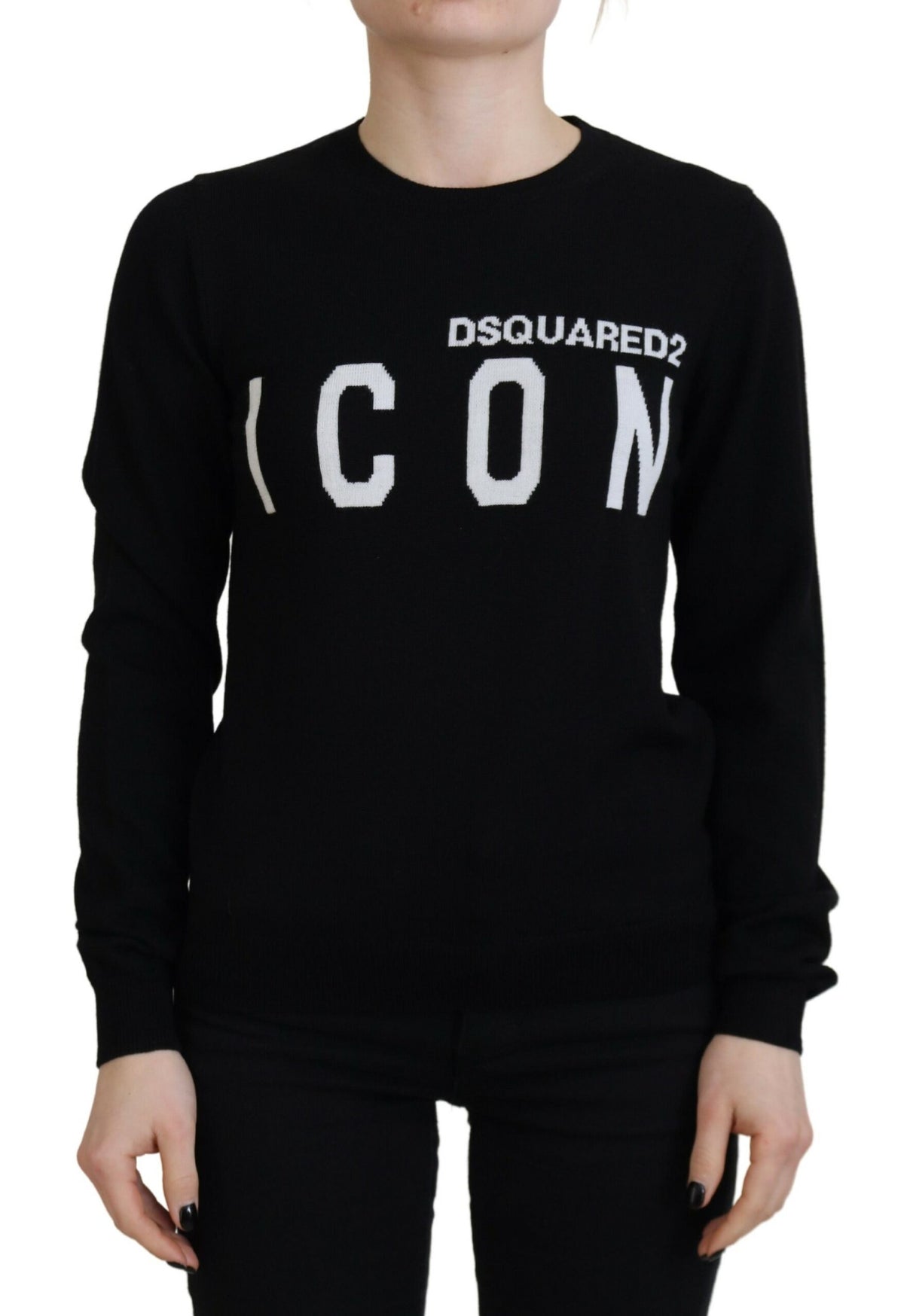 Pull à manches longues en laine vierge noire avec logo imprimé Dsquared²