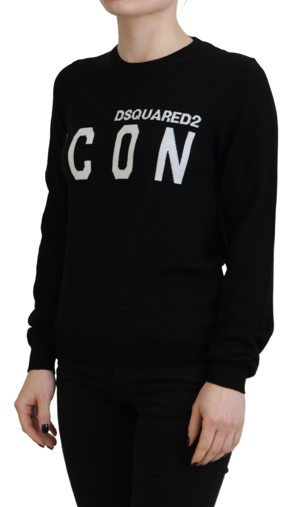 Pull à manches longues en laine vierge noire avec logo imprimé Dsquared²